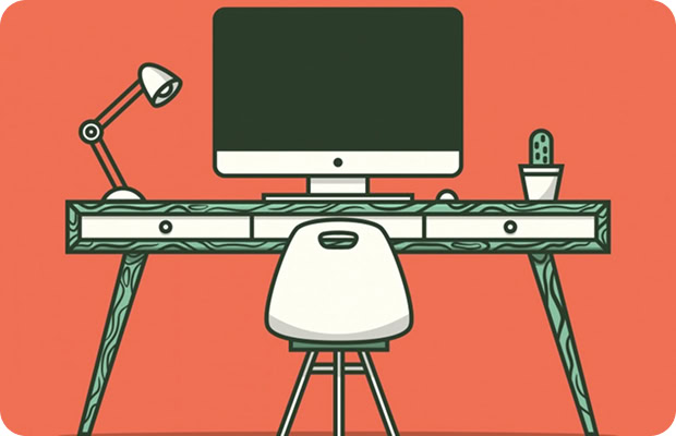 Illustration of a minimalist desk setup with a computer monitor, lamp, small potted cactus symbolising Growth by Design, and chair, set against a coral-coloured background.