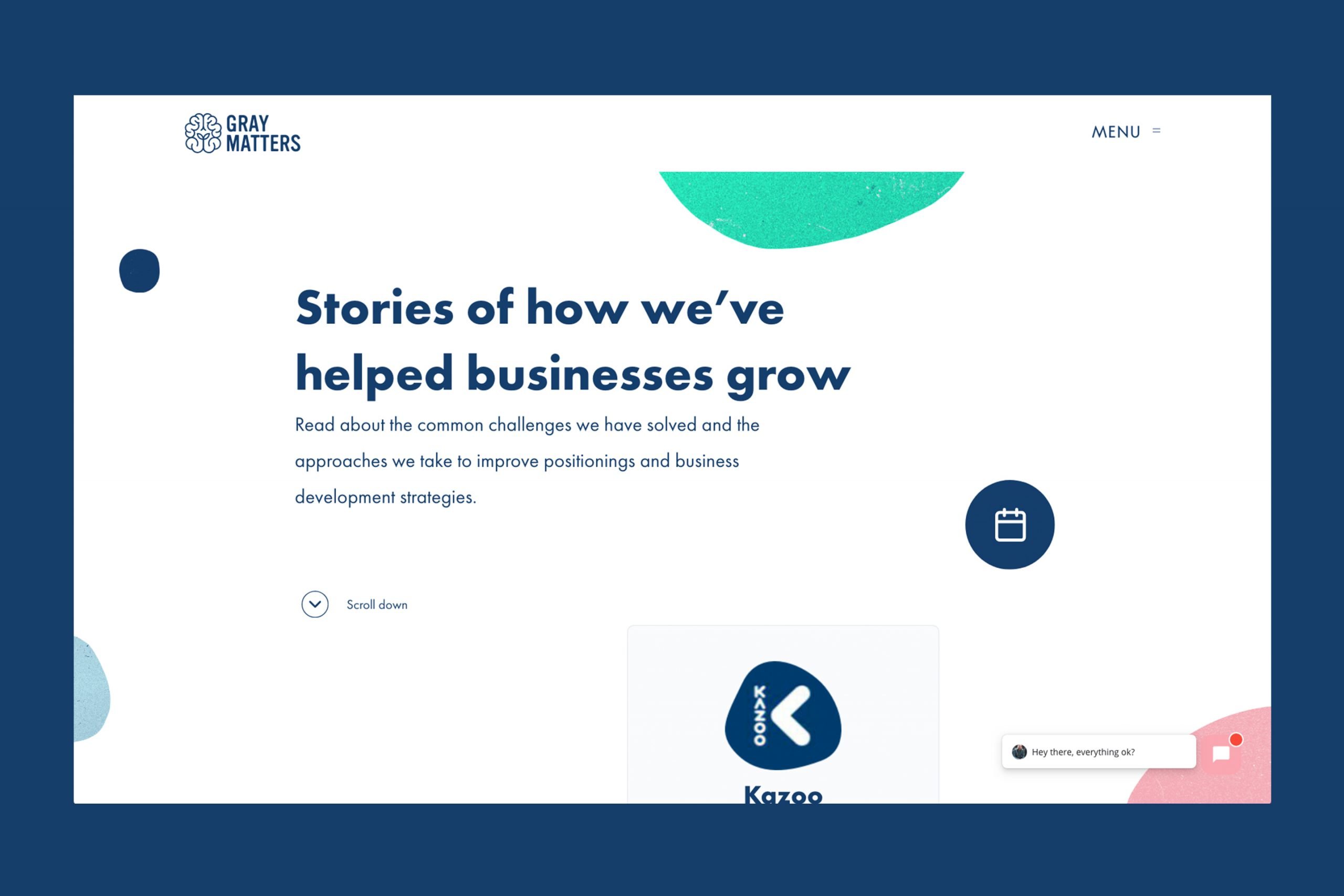 A website page for Grey Matters showcasing business growth stories and scalable growth strategies for start-ups, featuring bold headline text, a navigation menu, and abstract colourful shapes on a white background with a blue border.