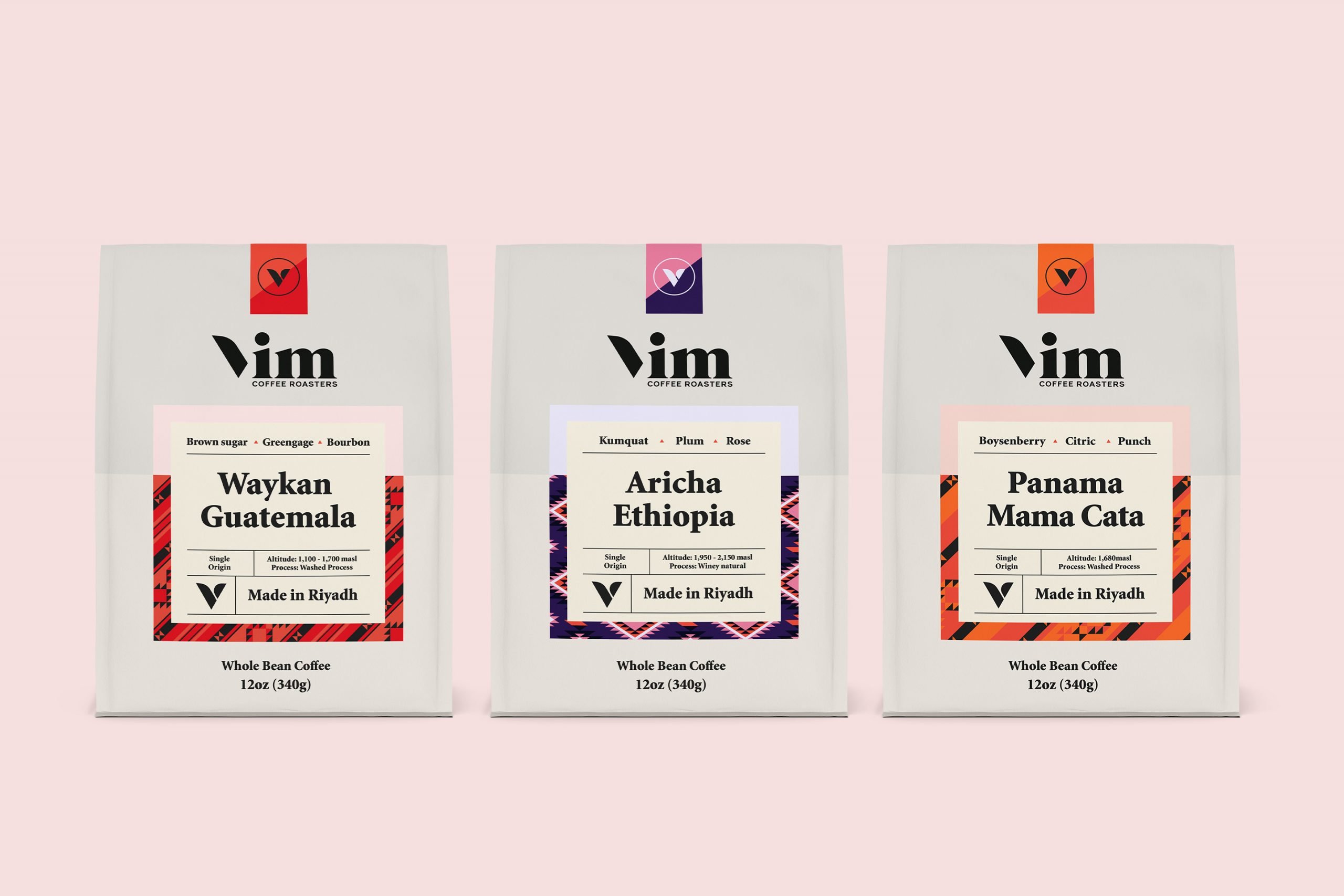 Three bags of Vim Coffee Roasters whole bean coffee—Waykan Guatemala, Aricha Ethiopia, and Panama Mama Cata—are displayed side by side with creative labels designed to convert and boost scalable growth strategies for start-ups.
