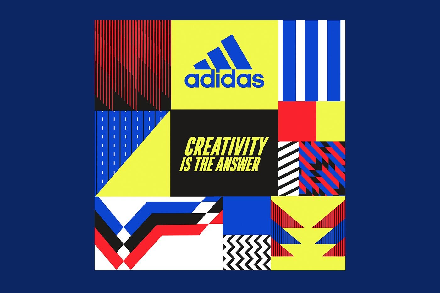 A graphic with bold, geometric patterns in blue, yellow, red, black, and white, featuring the Adidas logo and “CREATIVITY IS THE ANSWER” in yellow on black—perfect inspiration for start-ups seeking Growth by Design or Creative that Converts.