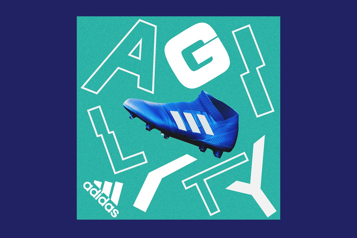 A blue Adidas football boot is centred on a teal background with “AGILITY” in bold, white letters and the Adidas logo at the bottom left—a striking creative that converts for performance marketing.