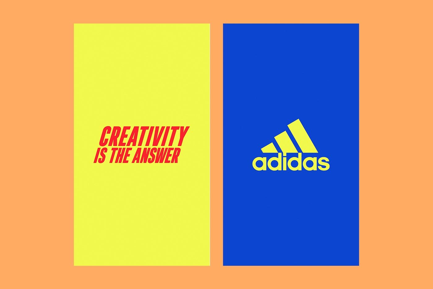 Two panels: left panel with yellow background and red text reading "CREATIVITY IS THE ANSWER"; right panel with blue background showing the yellow Adidas logo and brand name. Orange border surrounds both panels, echoing Growth by Design.