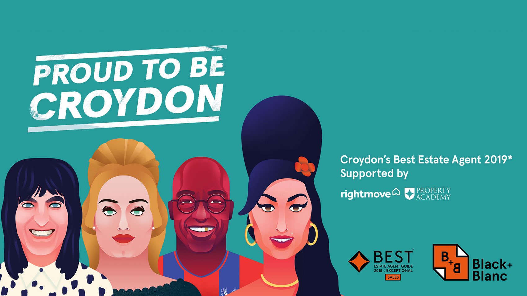 Illustrated poster with “Proud to be Croydon” above four diverse cartoon people. Side text reads “Croydon’s Best Estate Agent 2019* Supported by Rightmove.” Designed by a strategically‑led branding studio for creative that converts.