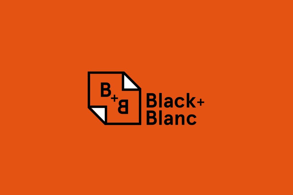 Logo for "Black+Blanc," a strategically‑led branding studio, on an orange background. The design features two overlapping documents—one with "B+" and another with a reversed "B+"—beside the text "Black+Blanc" in black letters.