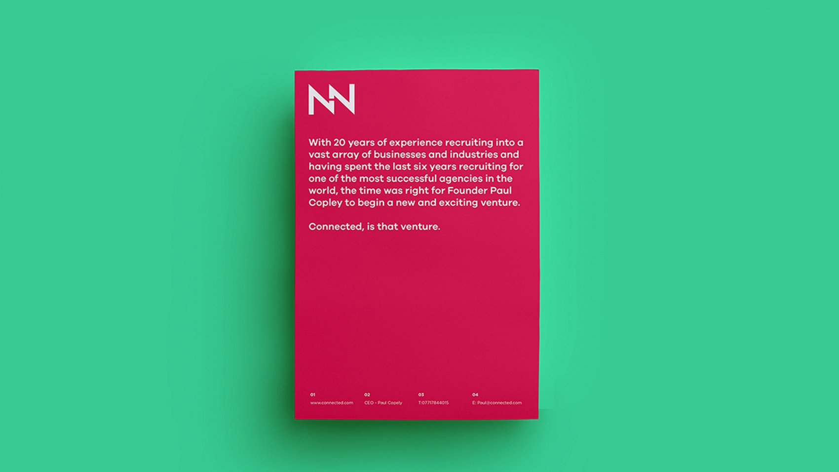 A bold pink flyer with white text and a stylised "MN" logo at the top, highlighting an experienced recruiter's new venture focused on scalable growth strategies for start-ups. The flyer stands out against a striking teal background.