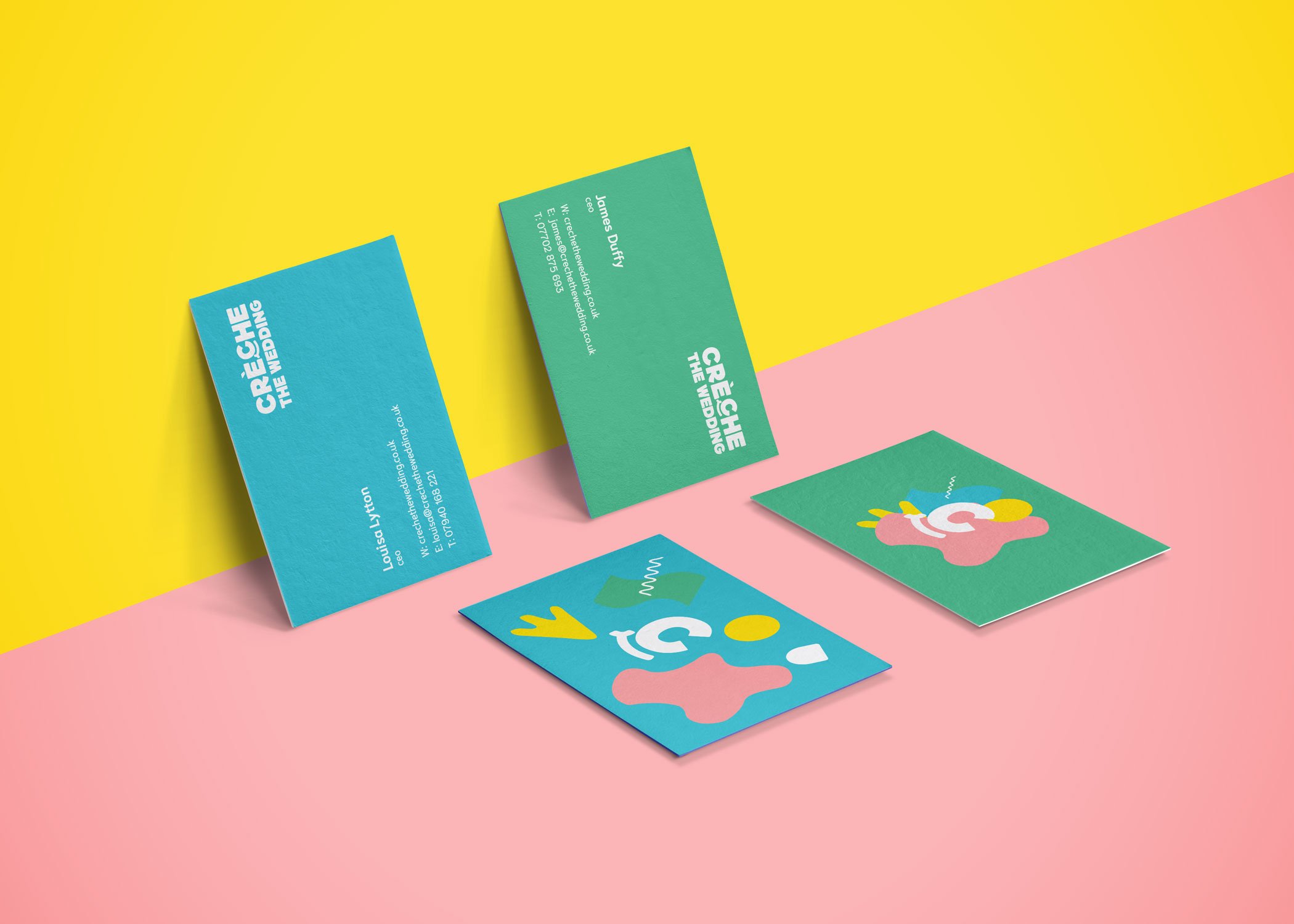 Four colourful business cards are displayed on a pink and yellow background, highlighting a strategically‑led branding studio. The cards feature green designs with white text and abstract, playful shapes in pink, yellow, and blue.