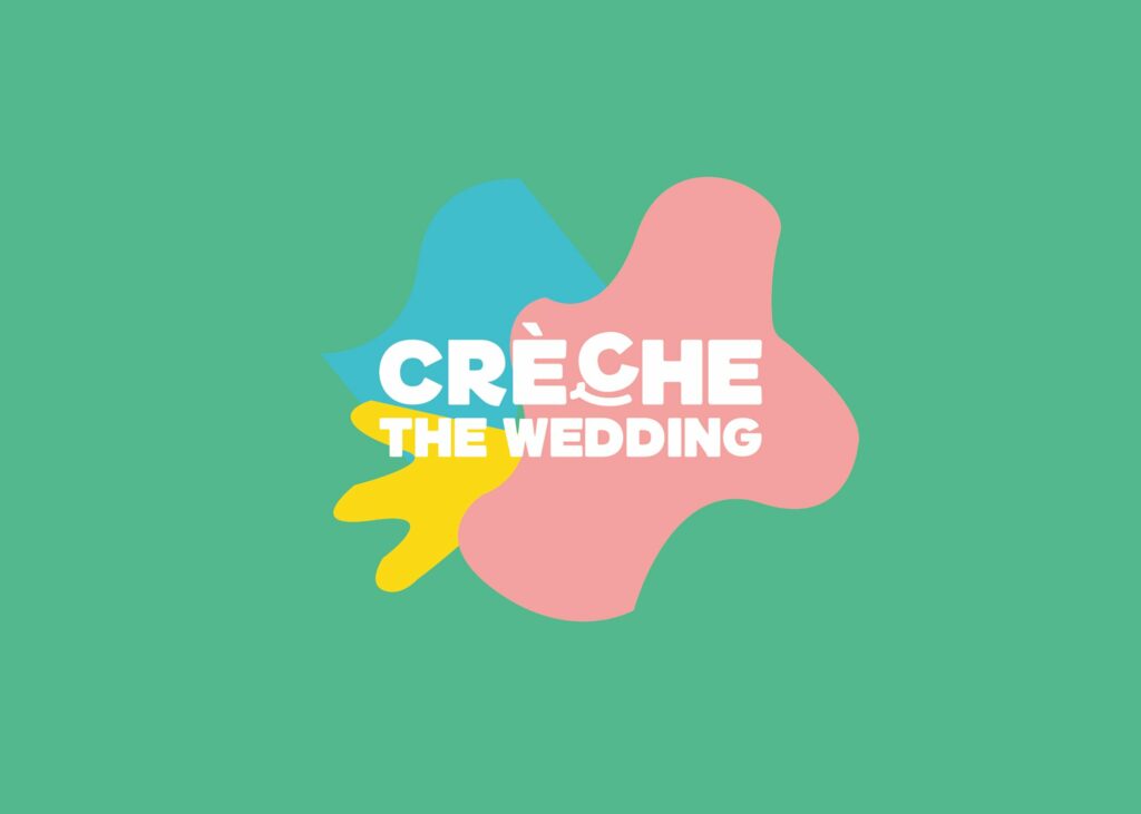 Logo with abstract blue, yellow, and pink shapes on a green background. Bold white text in the centre reads "CRÈCHE" above "THE WEDDING," reflecting the fresh approach of a strategically‑led branding studio.