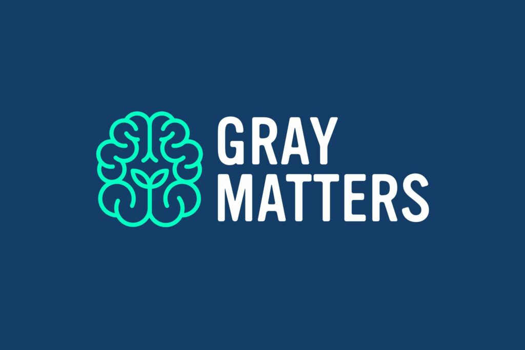 A teal outline of a brain with a plant sprout inside symbolises "Growth by Design," next to the bold white text "GRAY MATTERS" on a dark blue background.