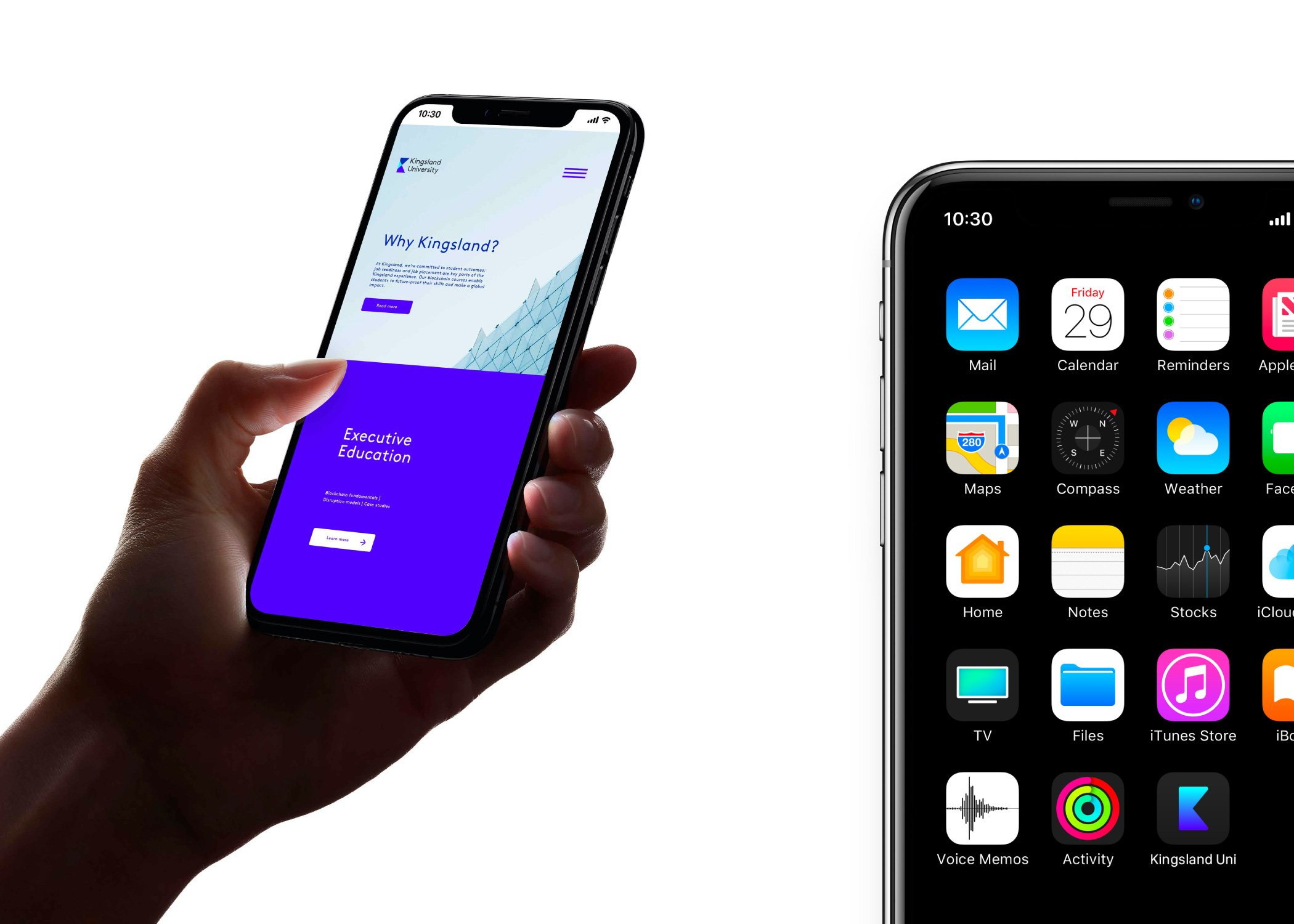 A hand holds a smartphone displaying an executive education app with a purple and white interface, designed by Growth by Design. Next to it, another phone’s home screen shows various app icons.