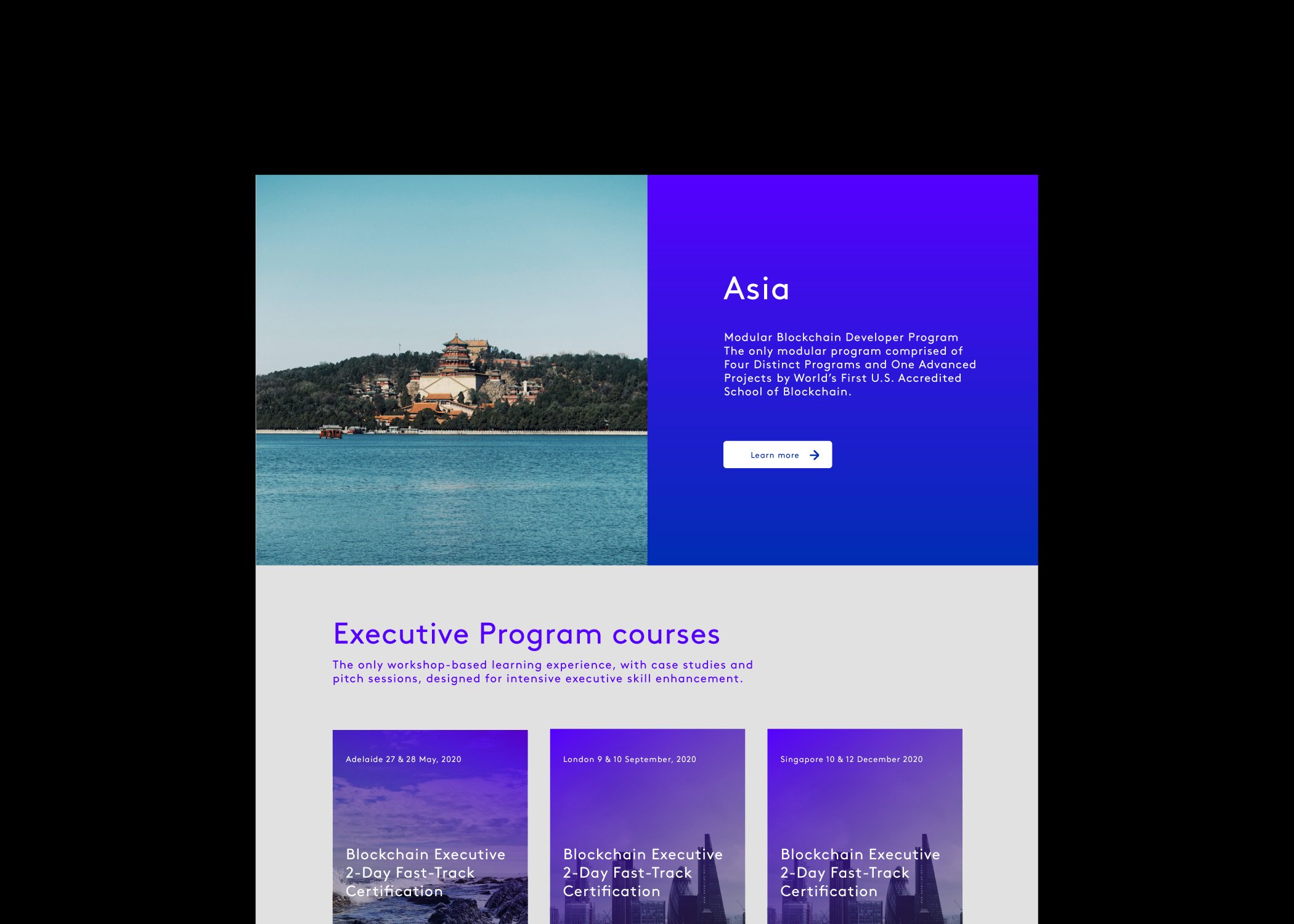 Screenshot of a website section for a blockchain developer programme in Asia, created by a strategically‑led branding studio. Features a lakeside temple photo, purple gradient info box, and course listings with dates and locations for growth by design.