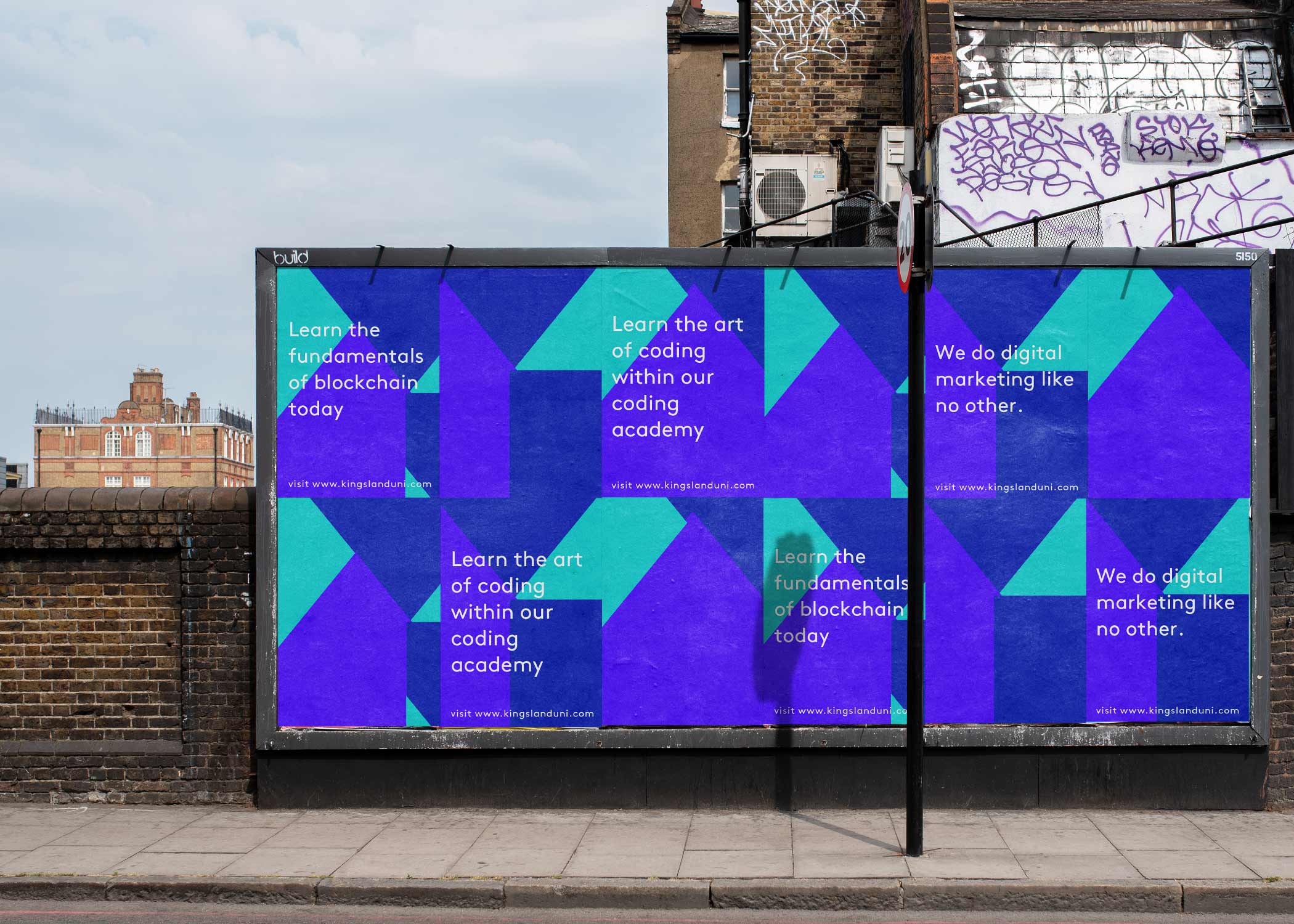A street billboard showcases blue and teal geometric posters with text promoting coding, blockchain fundamentals, and performance marketing courses—reflecting a creative that converts approach—against a graffiti-covered brick wall.