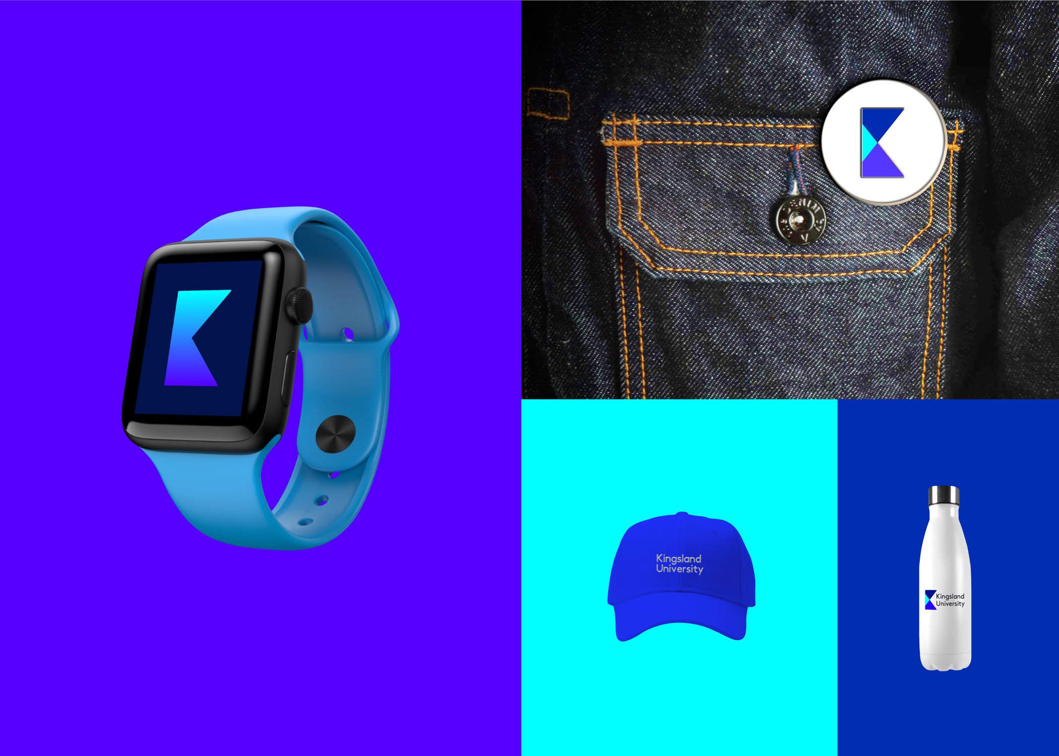 A smartwatch, a button on denim, a blue cap, and a white water bottle—each branded with Kogland University’s geometric "K" logo—exemplify Growth by Design on vibrant blue backgrounds.