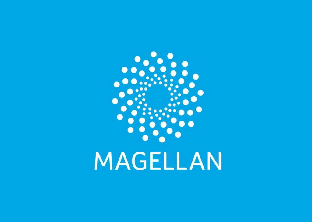 White dots spiral around a central point on a bright blue background, forming a circular pattern above the word "MAGELLAN" in bold, white capital letters—embodying Growth by Design for scalable growth strategies for start‑ups.