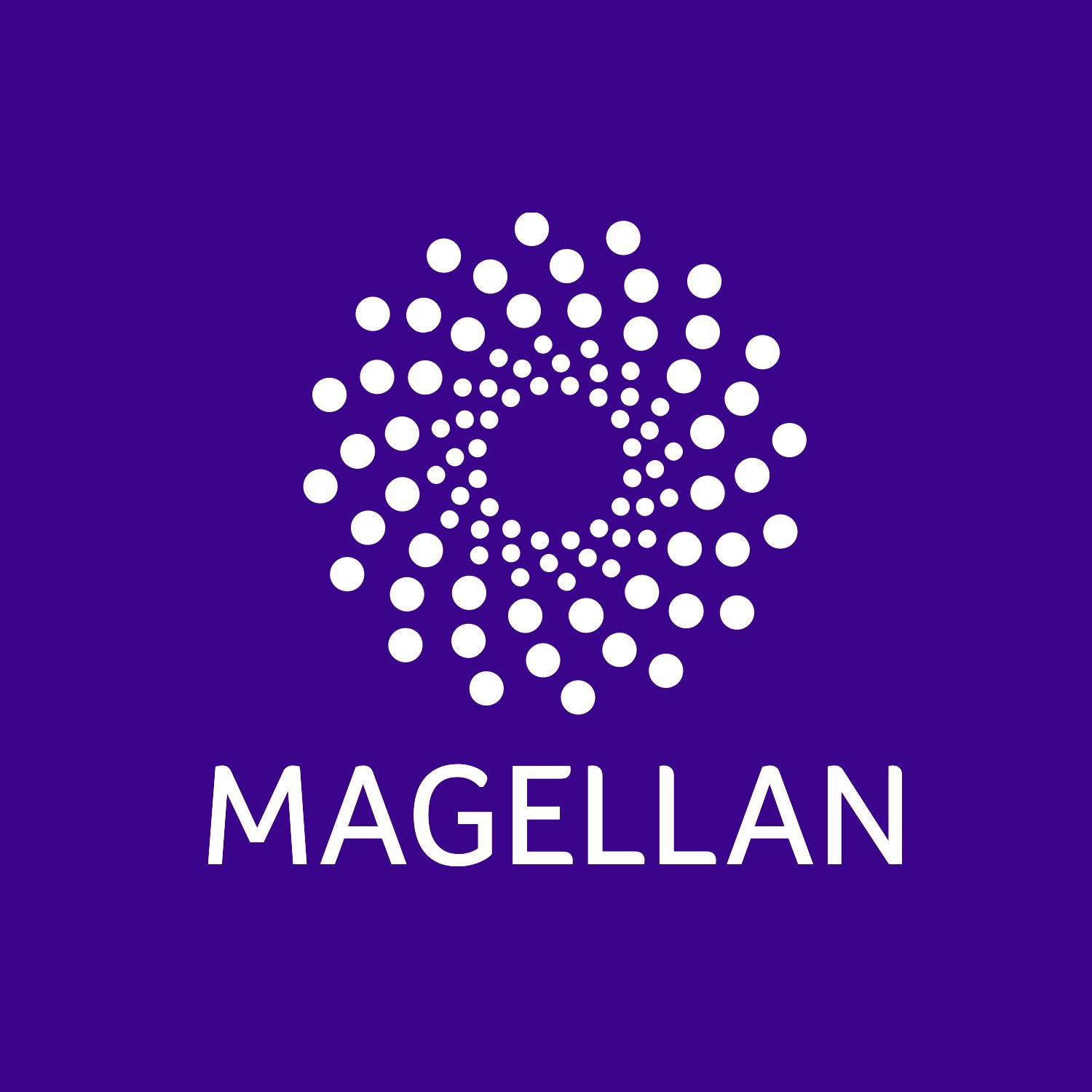 White dots form a spiral pattern above the word "MAGELLAN" in bold white letters, all set against a solid purple background—capturing the essence of Creative that Converts for impactful performance marketing.