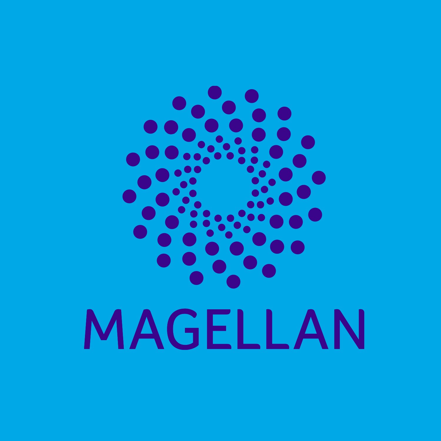 A circular pattern of purple dots forms a spiral above "MAGELLAN" in bold purple letters, set against light blue—reflecting a strategically‑led branding studio focused on creative that converts.