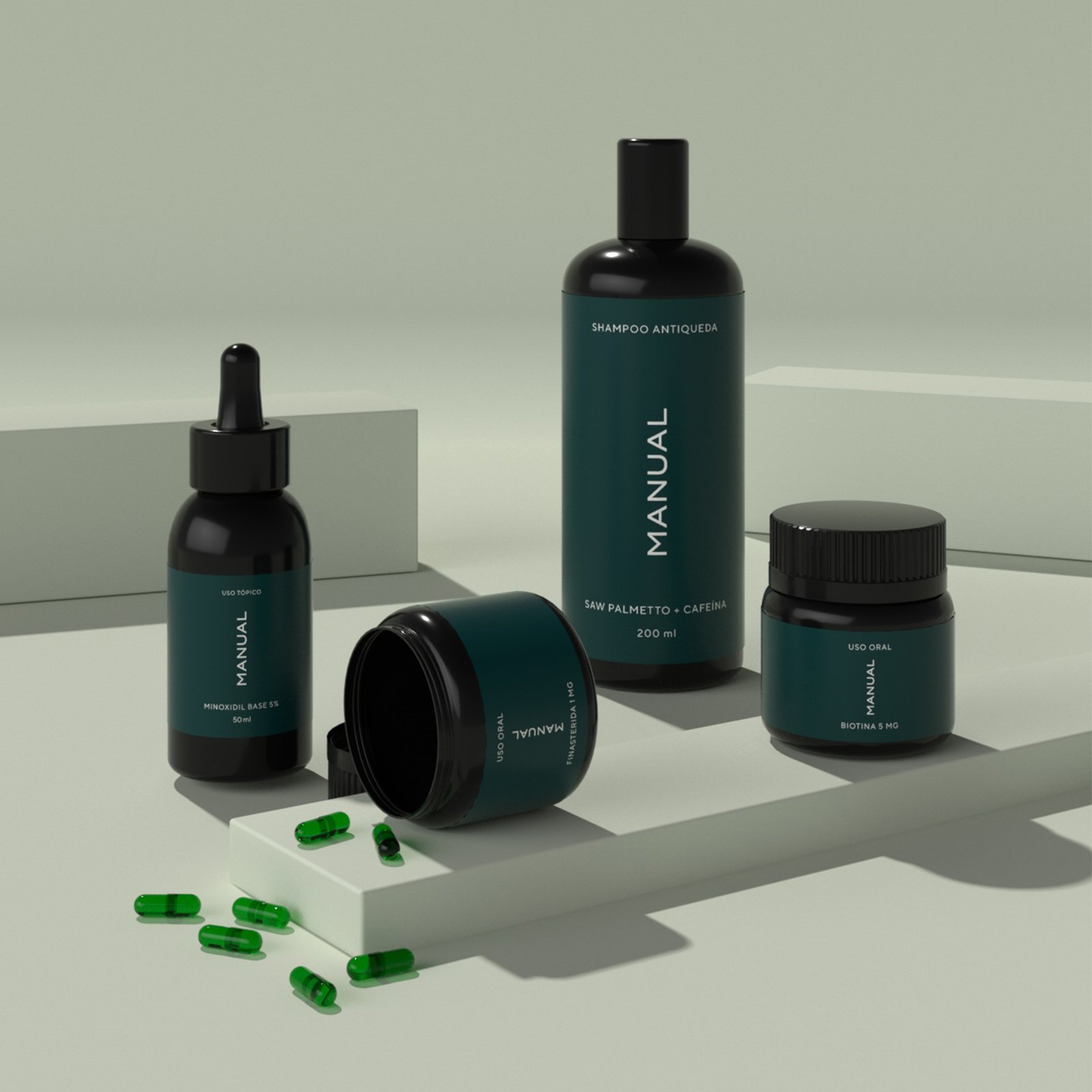 Four dark green and black MANUAL brand men's grooming containers—including bottles, jars, and capsules—are arranged on light green geometric blocks with green capsules scattered in the foreground: the perfect blend of Growth by Design.