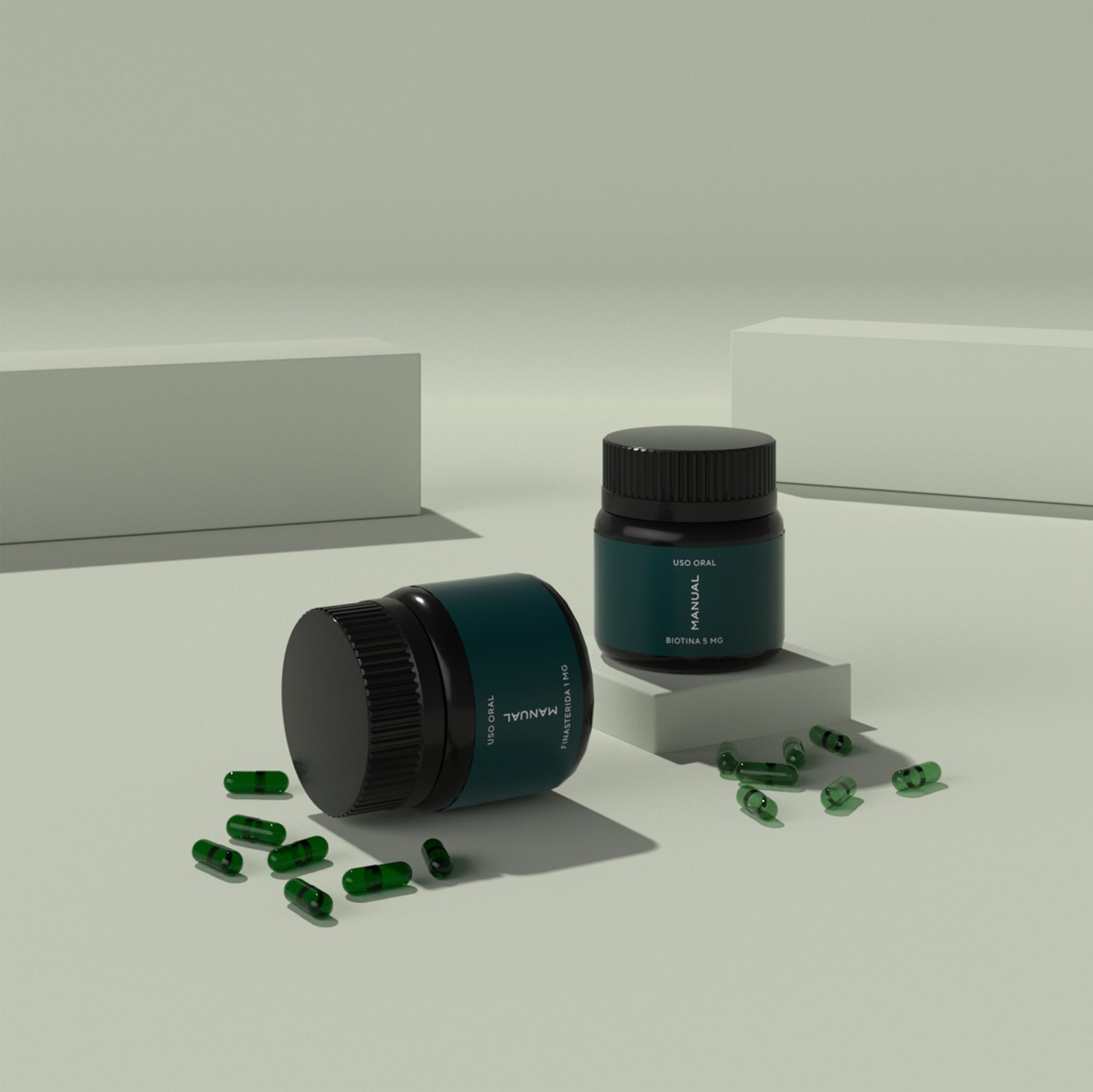 Two dark green supplement jars, one upright and one lying down, rest on a minimalist surface with scattered green capsules. The scene embodies the refined approach of a strategically-led branding studio, set against simple geometric shapes in the background.