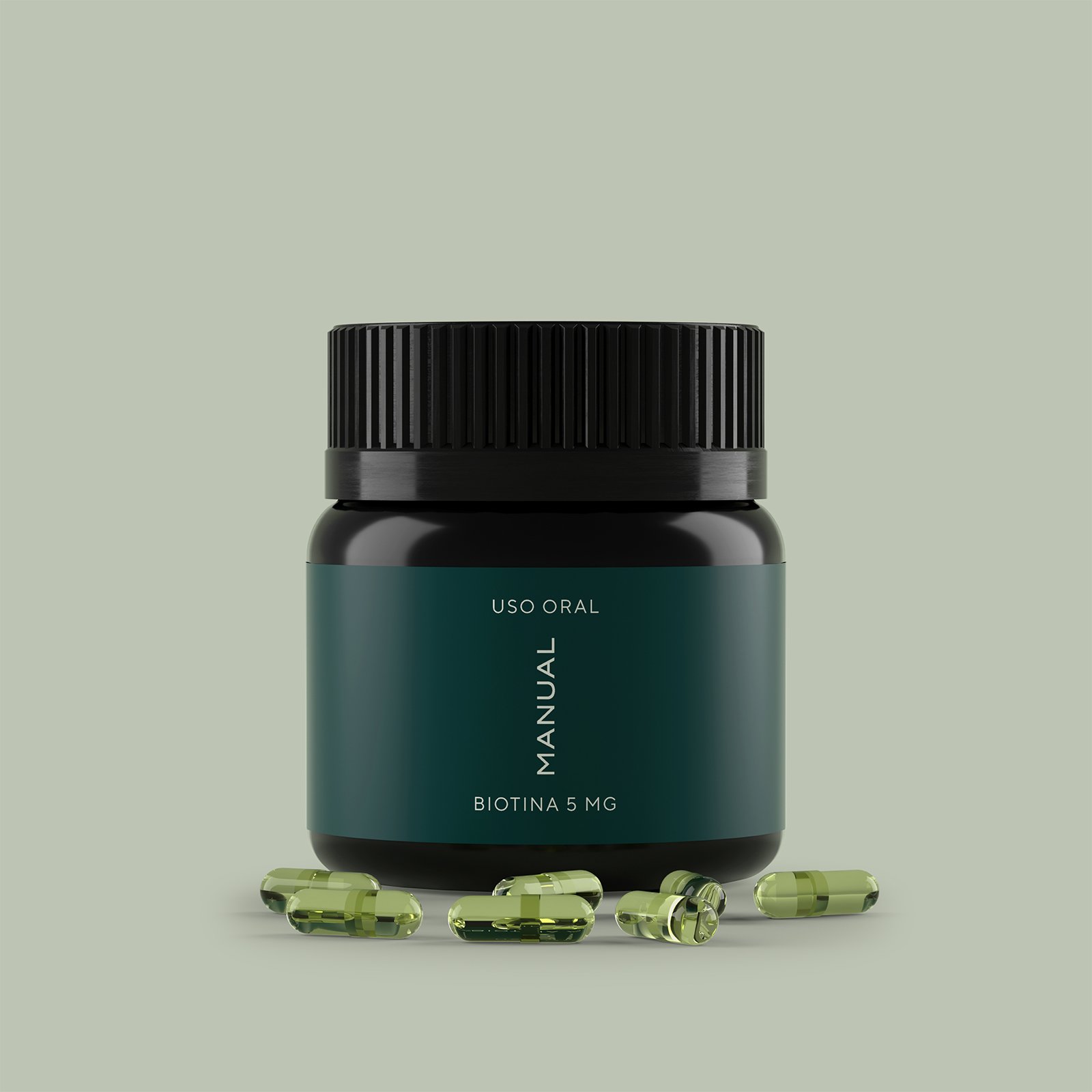 A dark green and black bottle labelled "Manual Biotina 5 mg, Uso Oral" is surrounded by several green capsules, all set against a pale green background—an image that embodies Growth by Design.