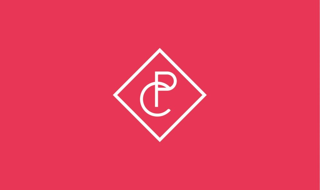 A white diamond outline encloses the stylised letters "C" and "P" overlapping each other, centred on a solid pink background—reflecting Creative that Converts and scalable growth strategies for start-ups.