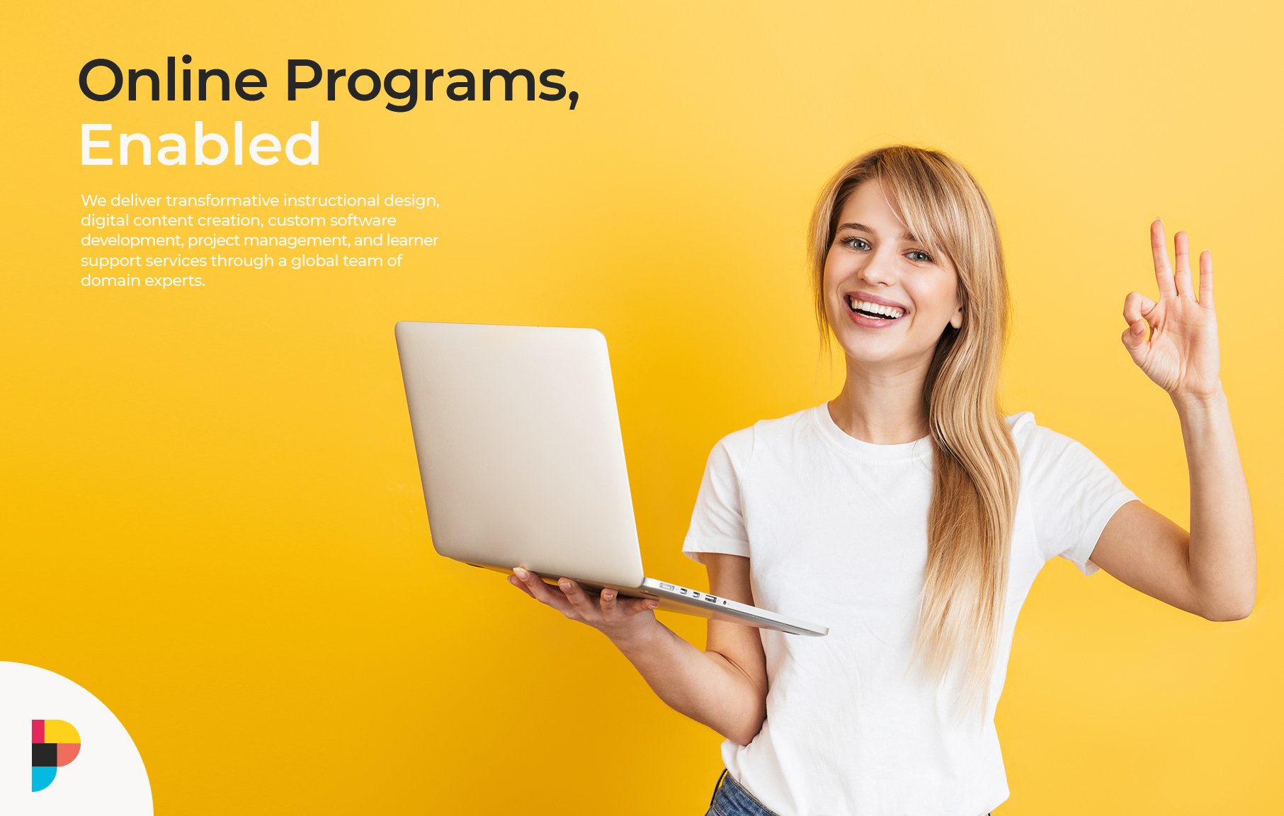 A smiling woman in a white T-shirt holds a laptop in one hand and makes an “OK” gesture with the other. The yellow background features text promoting online programmes, services, and scalable growth strategies for start-ups.