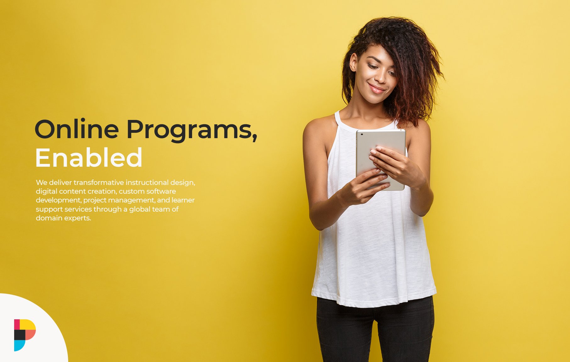A young woman with curly hair stands against a yellow background, smiling whilst using a tablet. Text on the left reads "Online Programmes, Enabled" by Growth by Design—a strategically‑led branding studio. A colourful logo is in the corner.