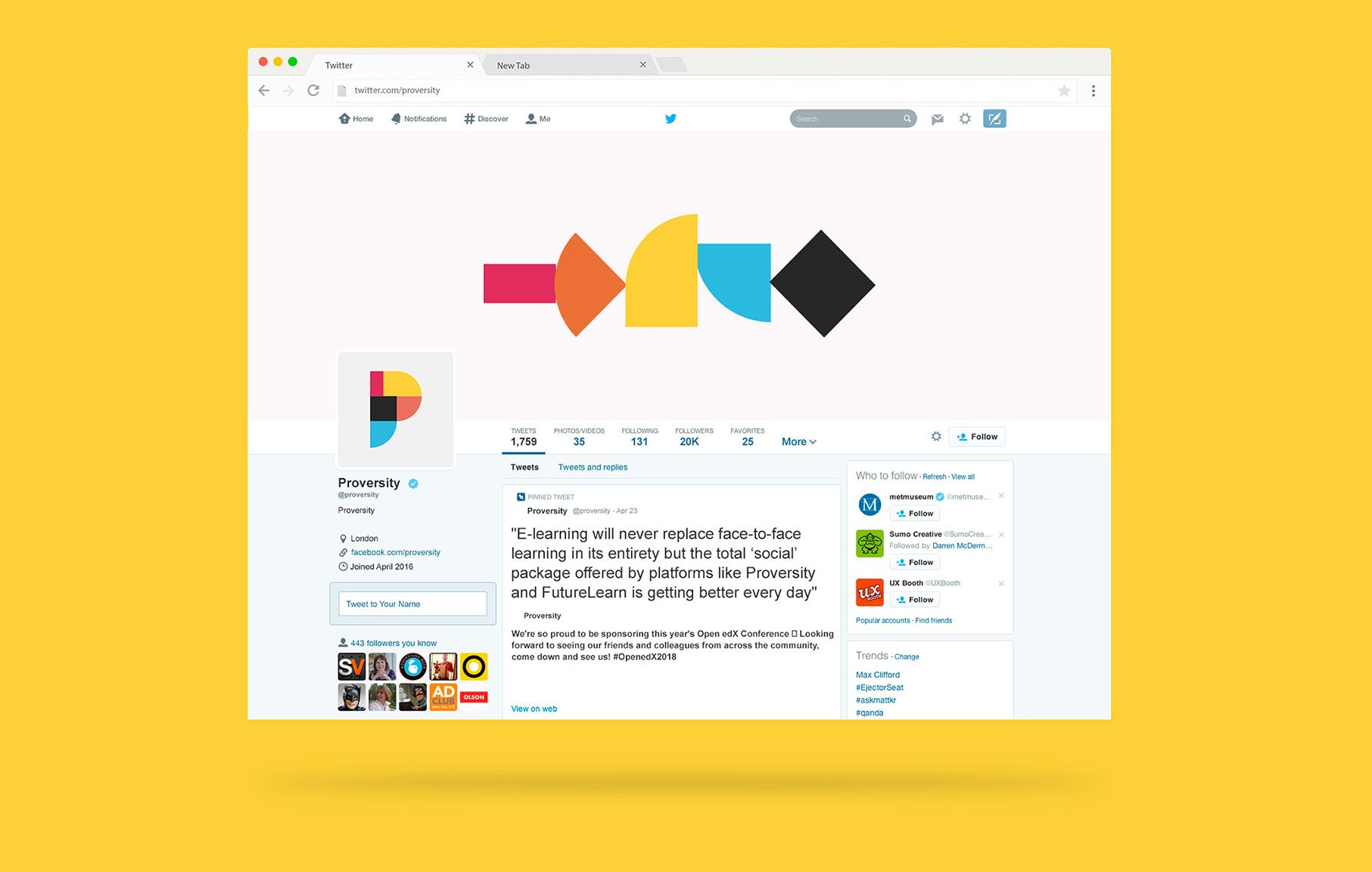 A computer screen displays the Twitter profile page of Proversity, a strategically‑led branding studio, featuring a colourful geometric logo and a tweet about e-learning. The background is solid yellow.