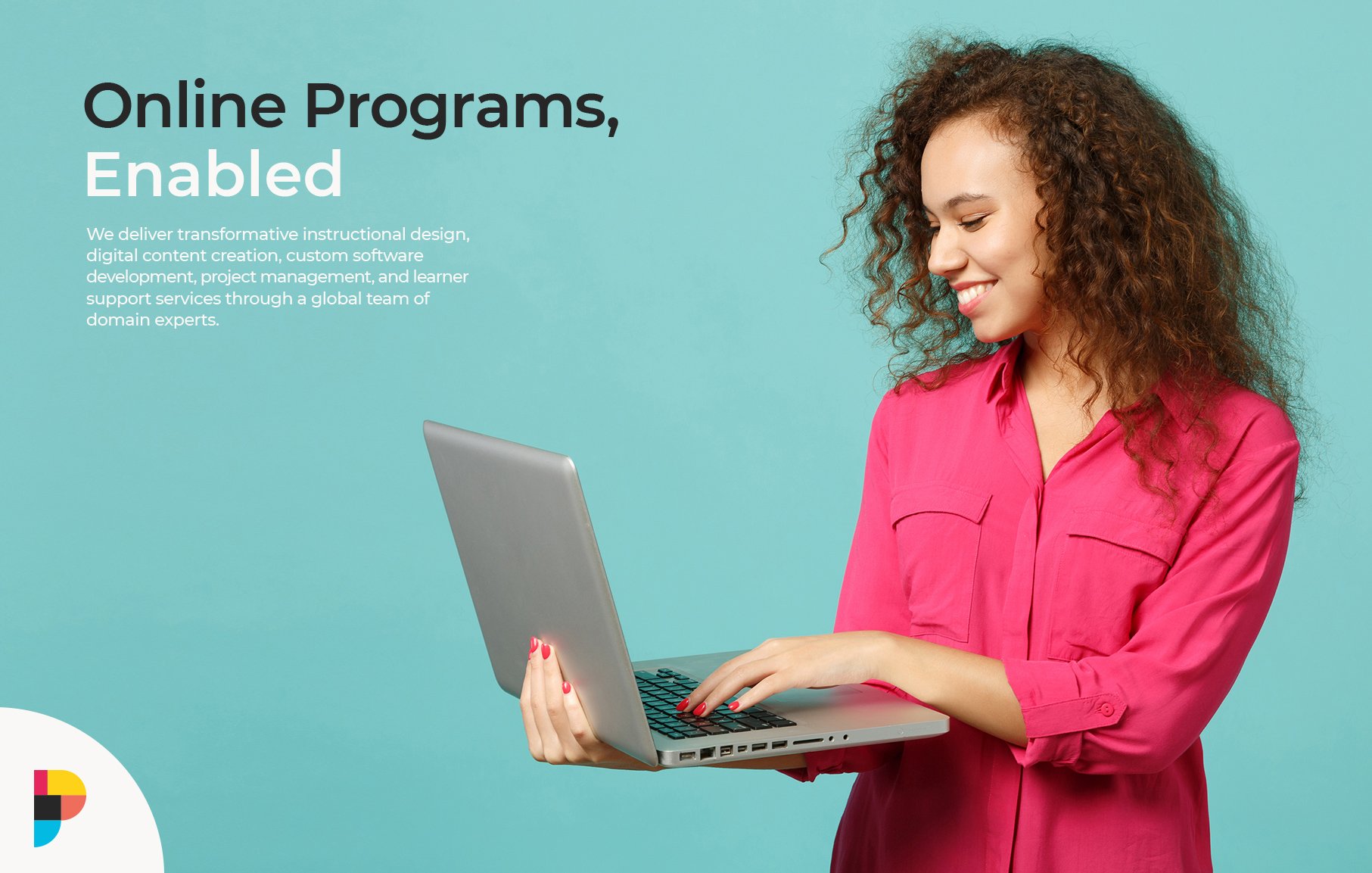 A smiling woman in a bright pink shirt types on a silver laptop against a light blue background. Text on the image promotes "Online Programmes, Enabled" and highlights scalable growth strategies for start-ups in digital educational services.