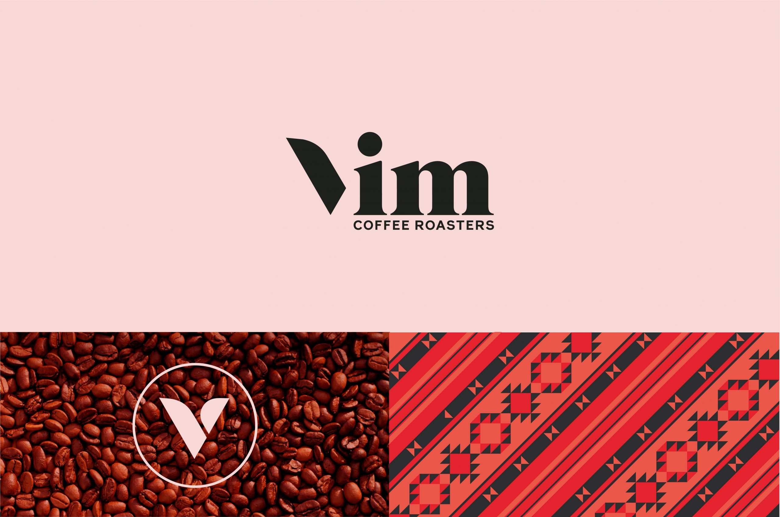 A logo for "Vim Coffee Roasters" on a pink background, coffee beans with a white "V" logo, and a geometric red and black patterned section—all arranged in three panels by a strategically‑led branding studio.