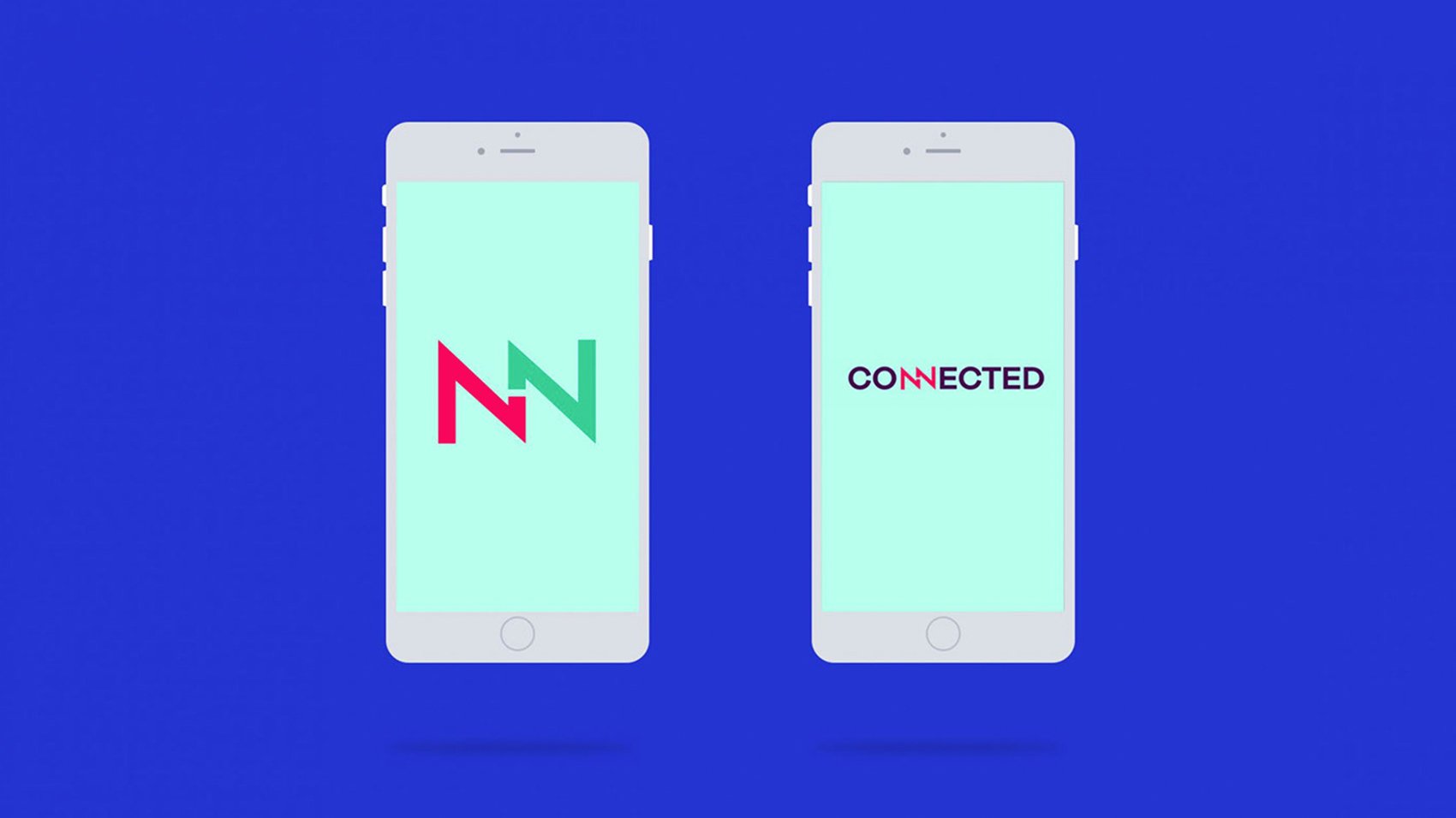 Two smartphones on a blue background; the left screen displays a stylised "NN" logo in red and teal, whilst the right shows "CONNECTED"—reflecting Growth by Design's focus on scalable growth strategies for start-ups.