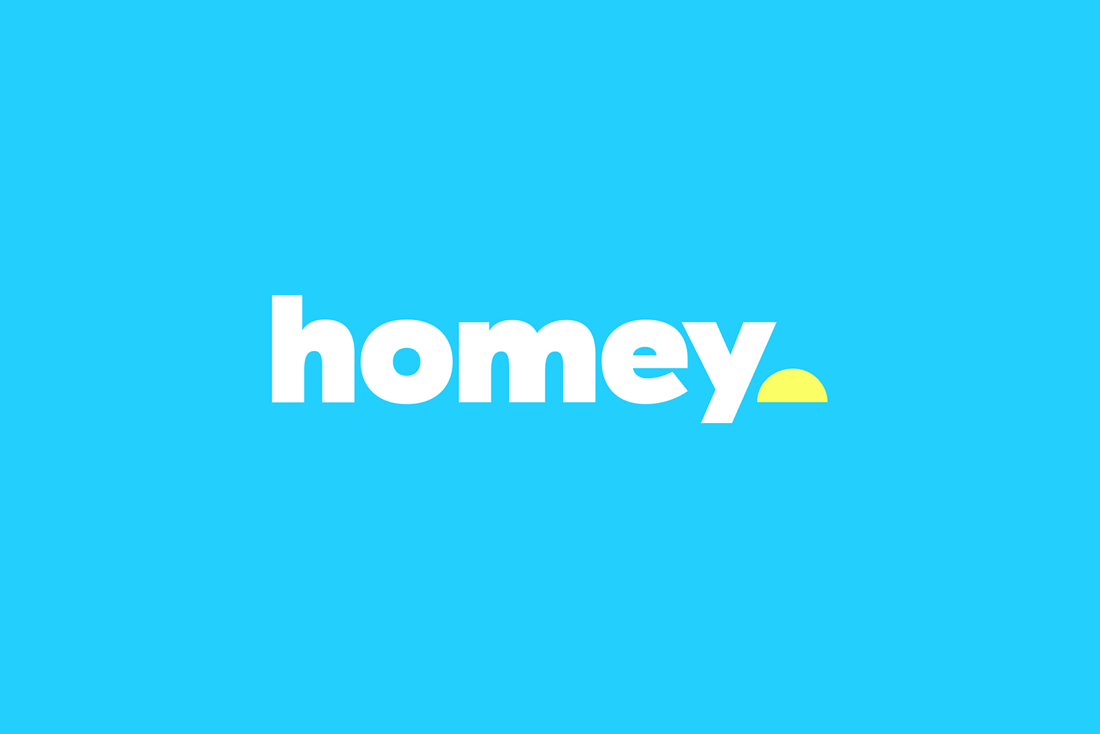 The word "homely" in bold white lowercase letters on a bright blue background, with a small yellow semicircle under the letter "y" resembling a rising sun—crafted by a strategically‑led branding studio for creative that converts.