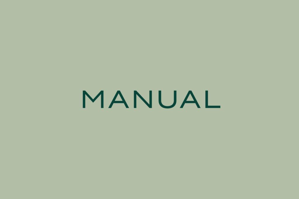 The word "MANUAL" in dark green capital letters is centred on a light green background, reflecting the simplicity and clarity valued by strategically‑led branding studios.