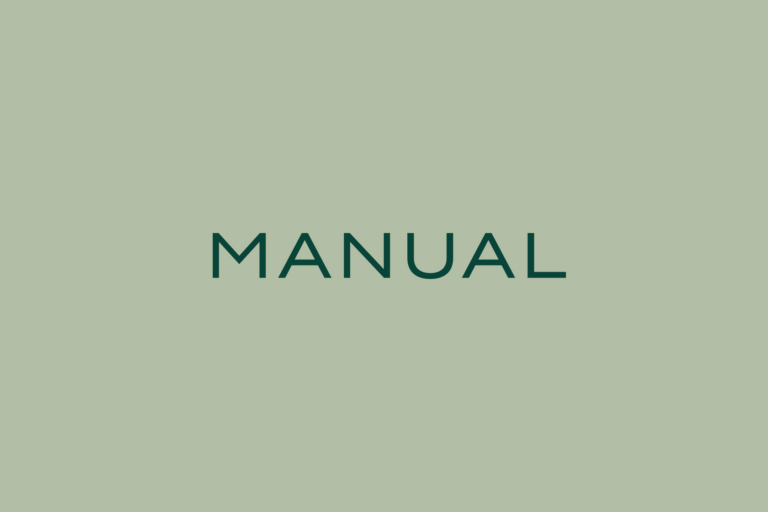 The word "MANUAL" in dark green capital letters is centred on a light green background, reflecting the simplicity and clarity valued by strategically‑led branding studios.