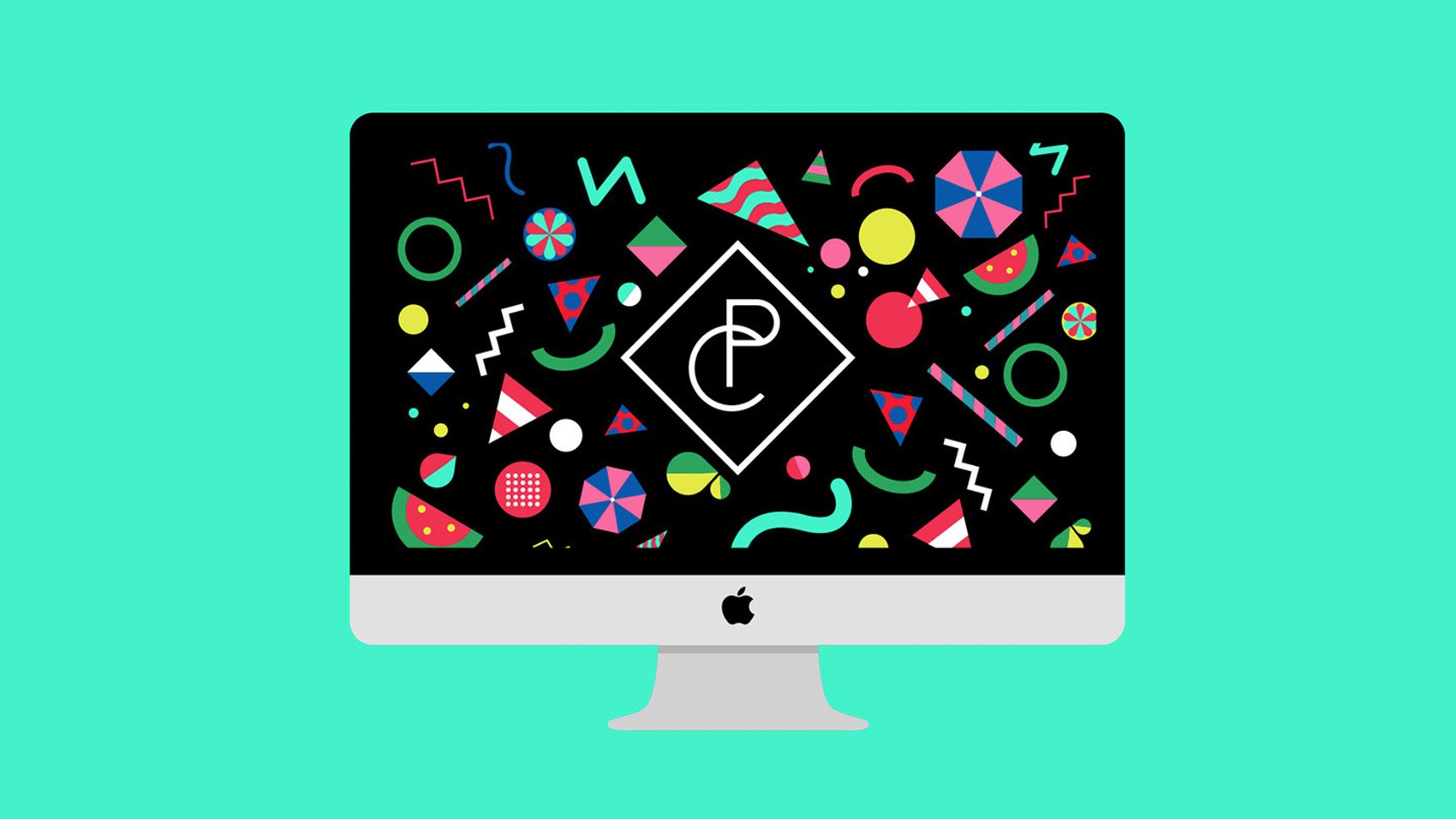 A computer monitor displays a black screen filled with colourful geometric shapes and patterns, reflecting the creativity of a strategically‑led branding studio. A white logo sits in the centre above a teal background.