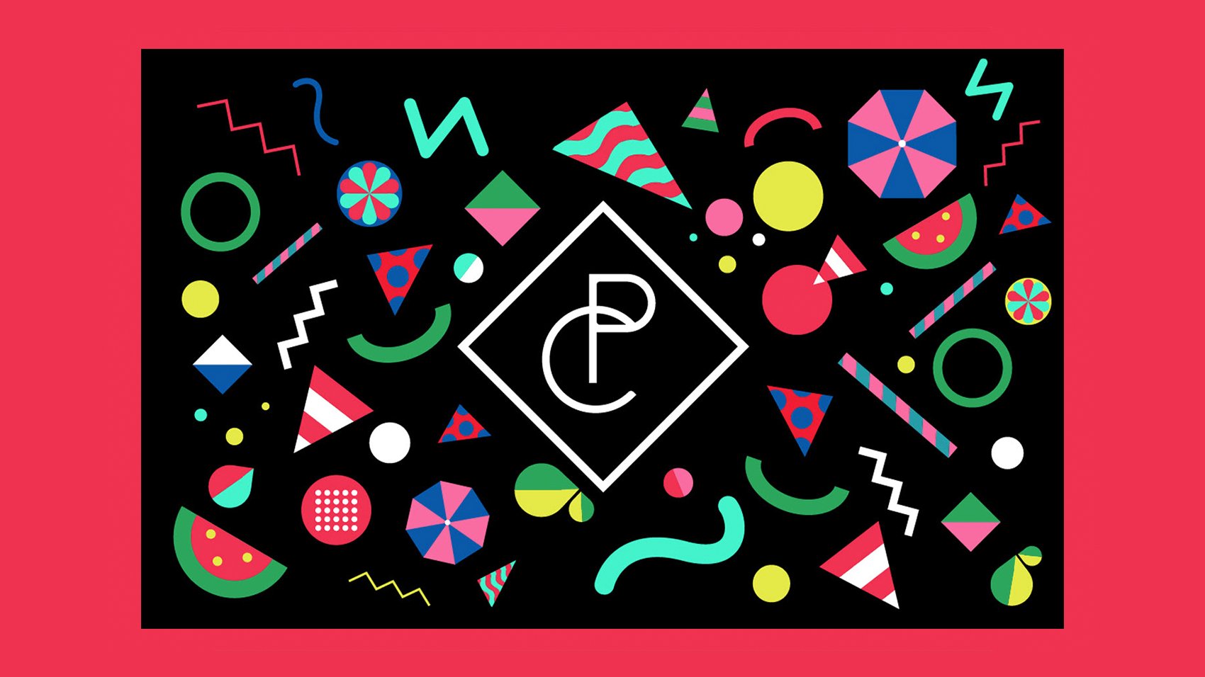 A black rectangle with colourful geometric shapes surrounds a white-outlined diamond containing “PC,” all on a red background—showcasing Creative that Converts and scalable growth strategies for start-ups.
