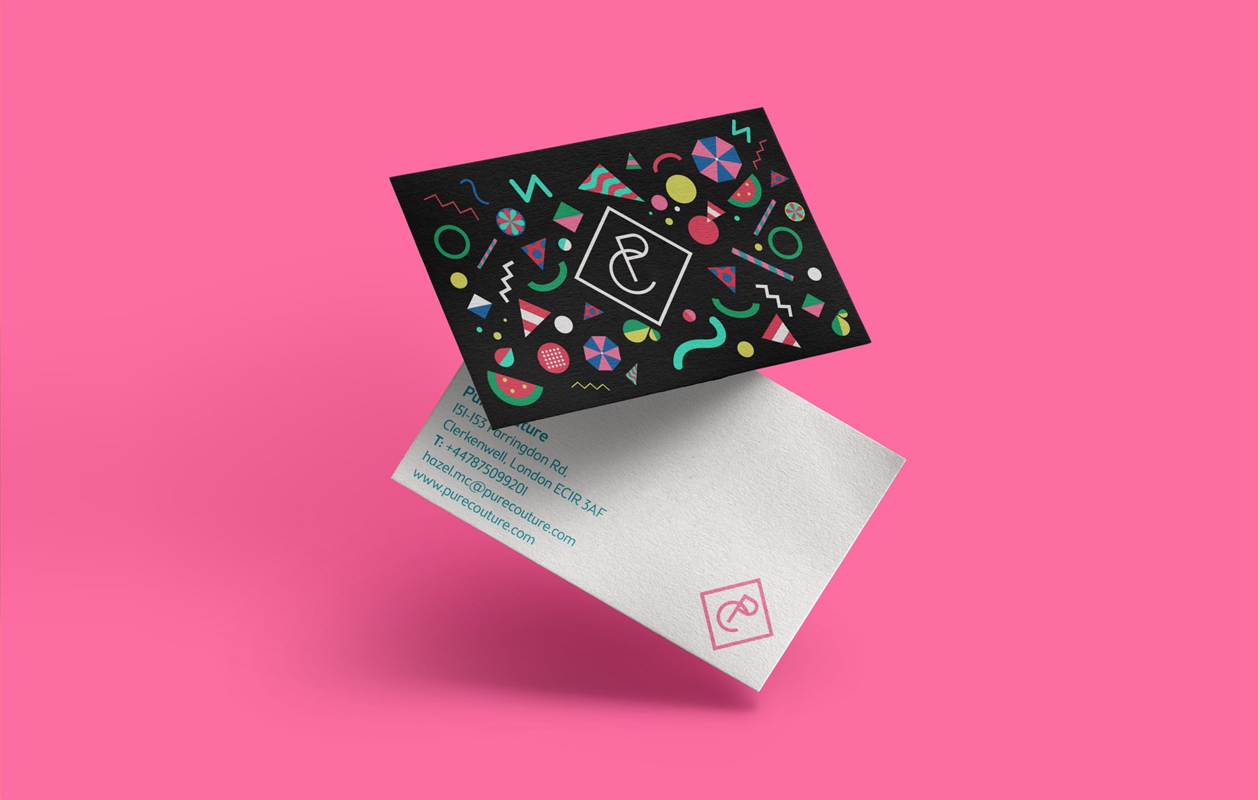 Two business cards are shown on a bright pink background: the front is black with colourful geometric patterns and a central logo, whilst the back highlights scalable growth strategies for start-ups with teal text and a small pink logo in the corner.