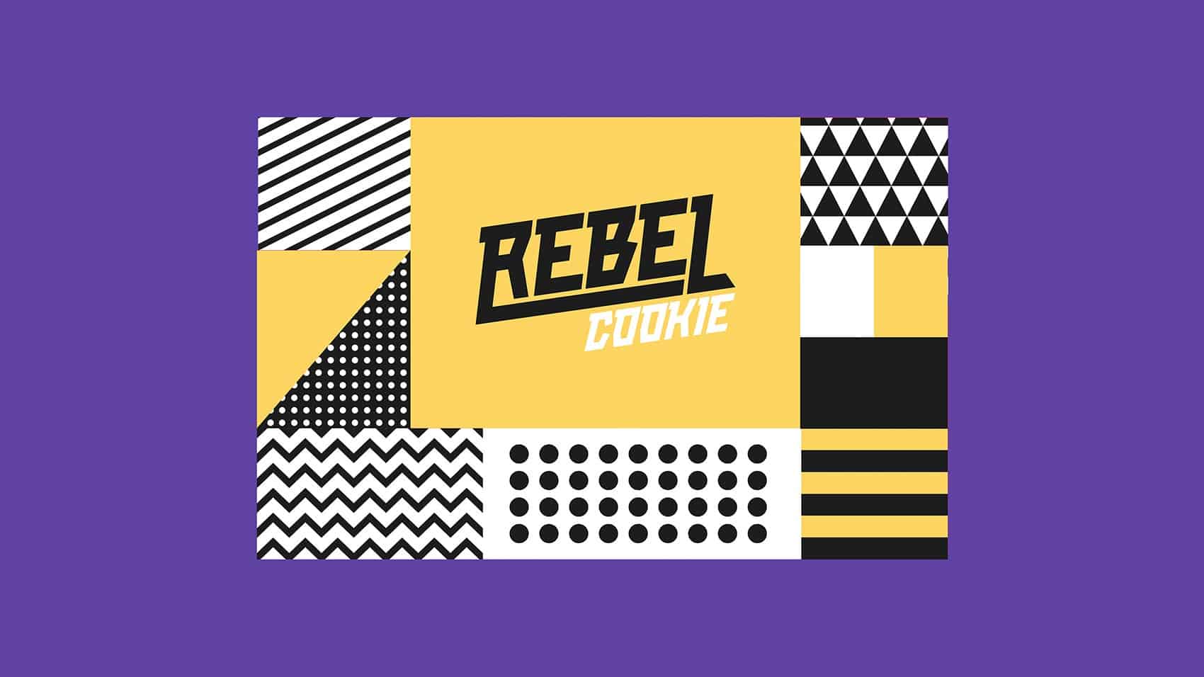 A geometric design with black, white, and yellow patterns features the bold text "REBEL COOKIE" in the centre, set against a yellow background on a solid purple backdrop—perfect for a Creative that Converts.