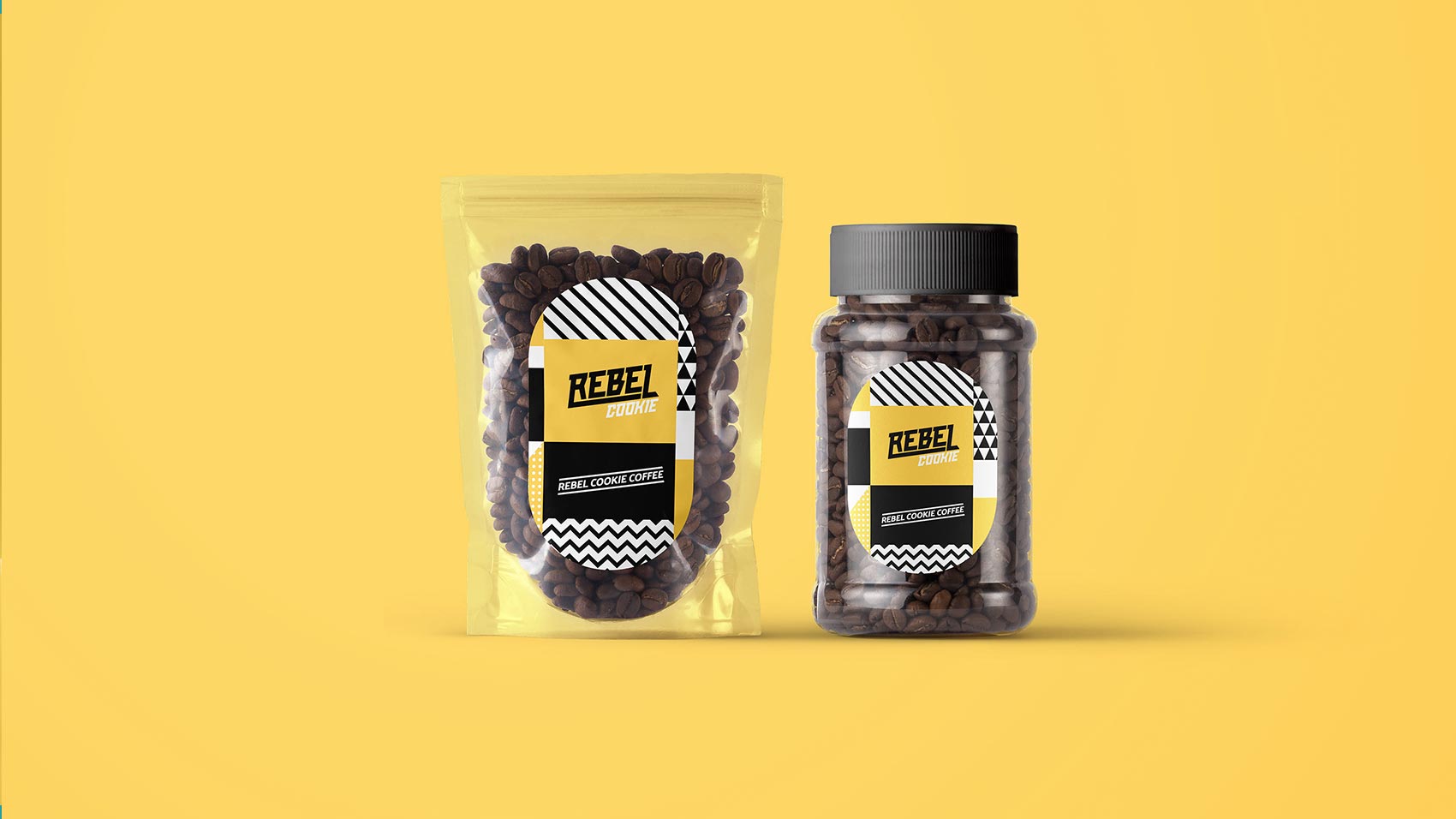 Two containers of coffee beans, featuring "REBEL COFFEE" labels with a sleek black and yellow design, showcase creative that converts—perfectly illustrating how a strategically‑led branding studio drives growth by design.