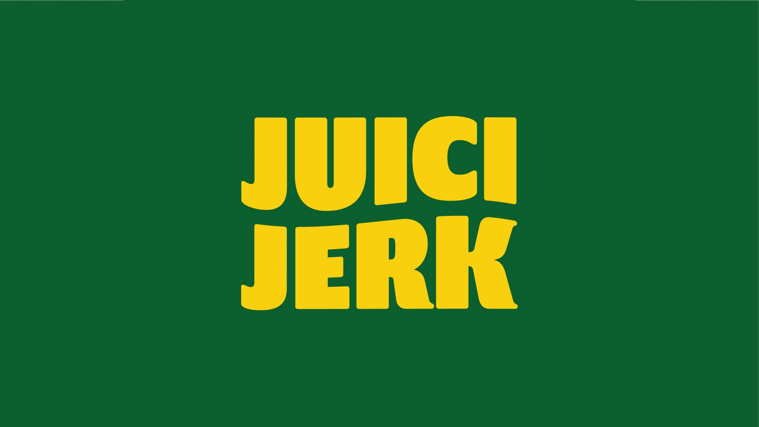 Bold yellow text reading "JUICI JERK" is centred on a dark green background, reflecting the vibrant creativity of a strategically‑led branding studio.