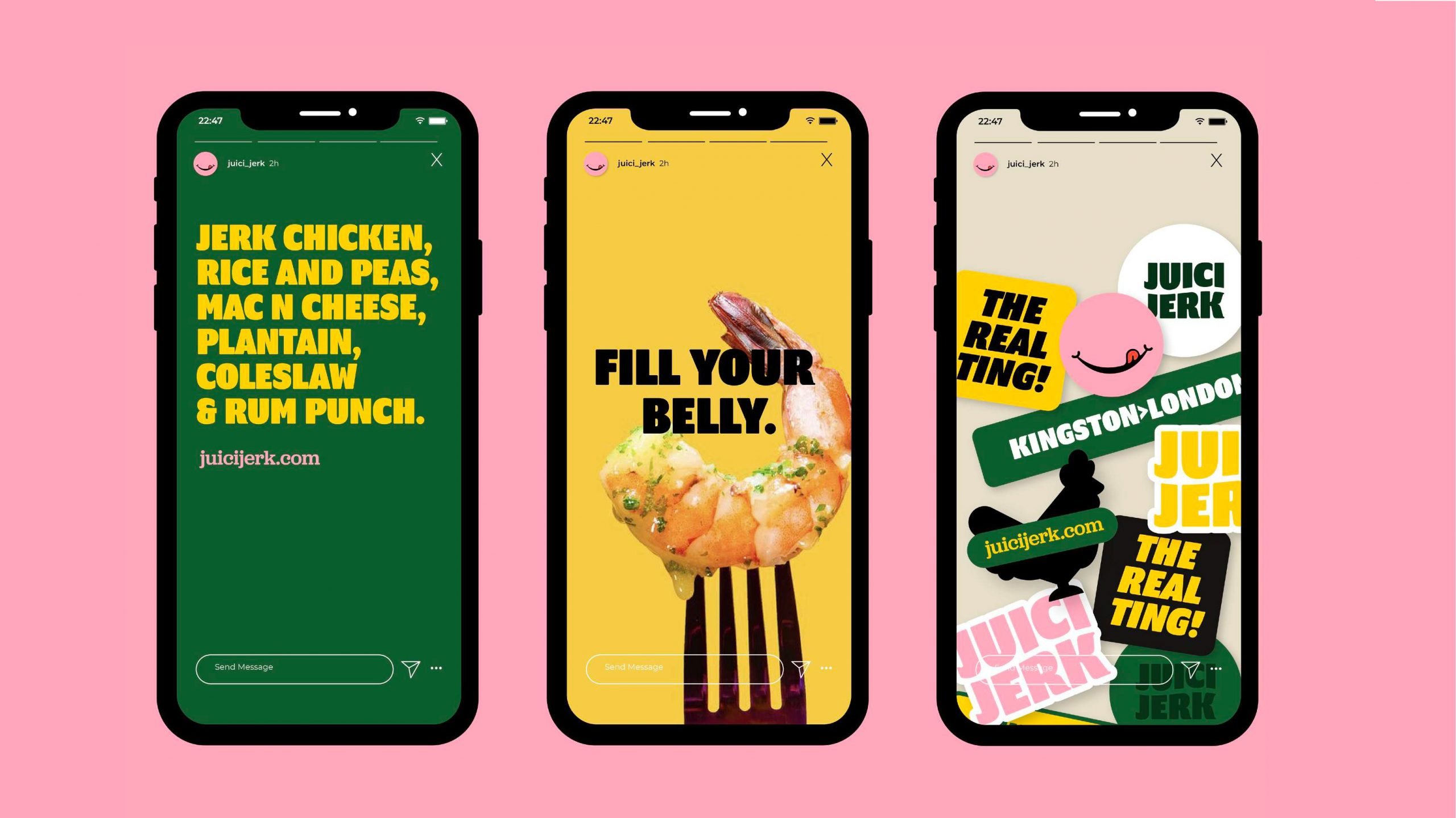 Three smartphones display vibrant Instagram stories with bold text promoting Caribbean food. The screens feature phrases like "Jerk chicken, rice and peas" and colourful Juici Jerk stickers, showcasing scalable growth strategies for start‑ups.