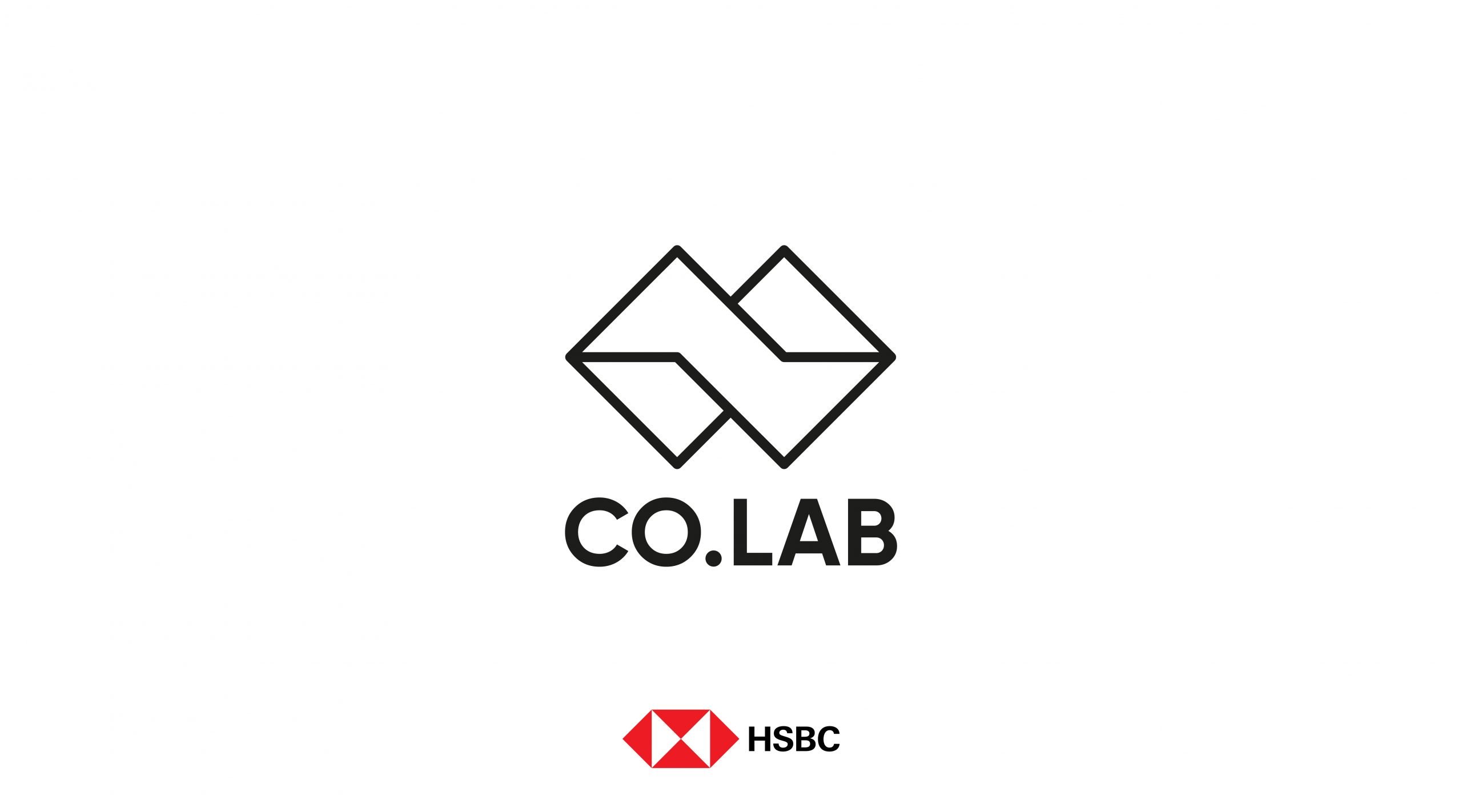 Black geometric logo above the text "CO.LAB" on a white background. Below, the HSBC logo and name appear in red and black, highlighting Growth by Design that drives impact.