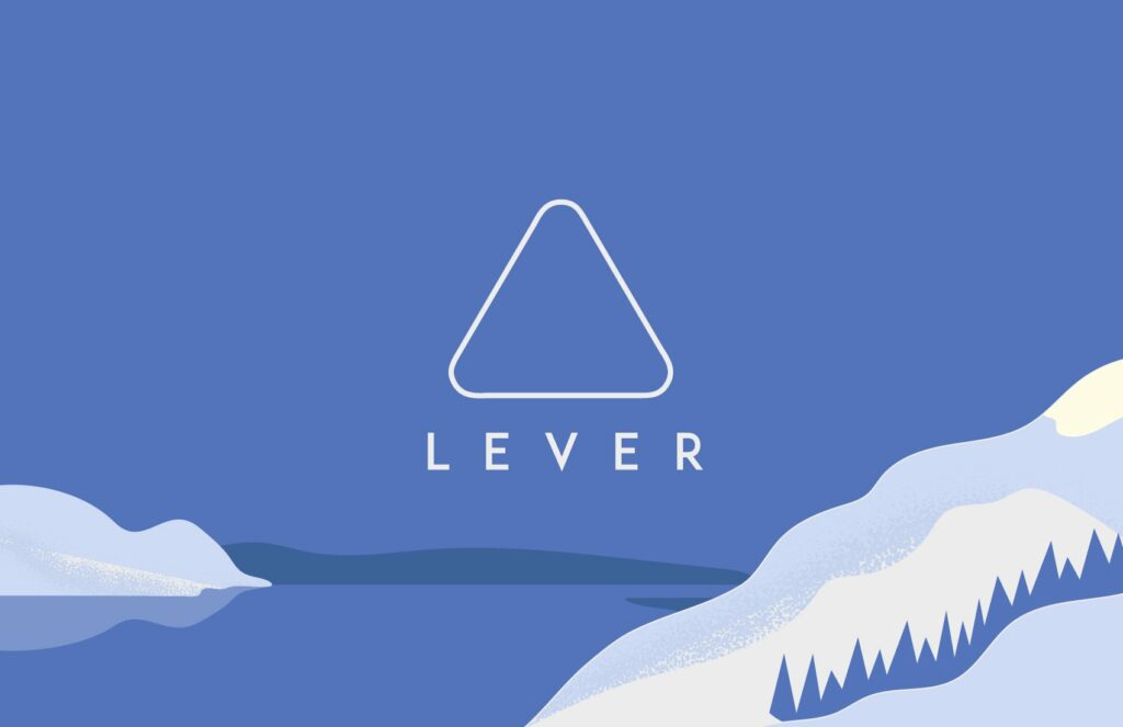 Minimalist illustration with a white outlined triangle above "LEVER" in all caps, set against a blue background with abstract snowy mountains and water—perfect for a strategically‑led branding studio focused on Creative that Converts.