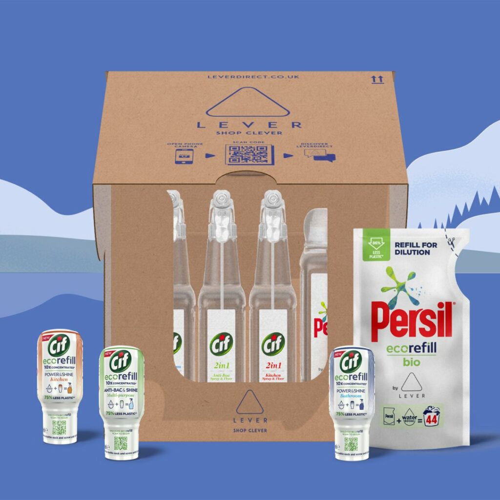 A cardboard box with clear spray bottles, three Cif eco refill bottles, and one Persil eco refill pouch displayed in front—showcasing sustainable style by Growth by Design—set against a blue background with mountains and trees.