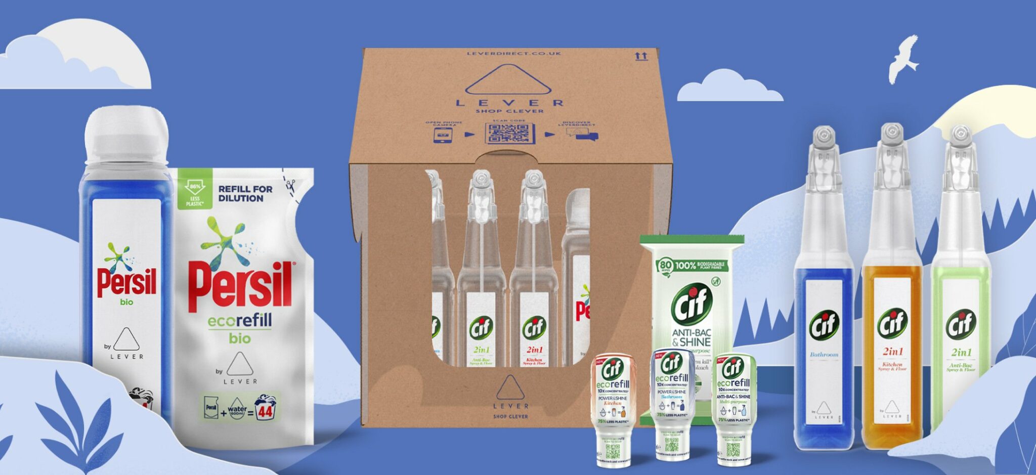A variety of Persil and Cif eco-friendly cleaning products, including refill pouches and bottles, are displayed in front of a cardboard box with an outdoor scene—showcasing creative that converts everyday routines into sustainable choices.