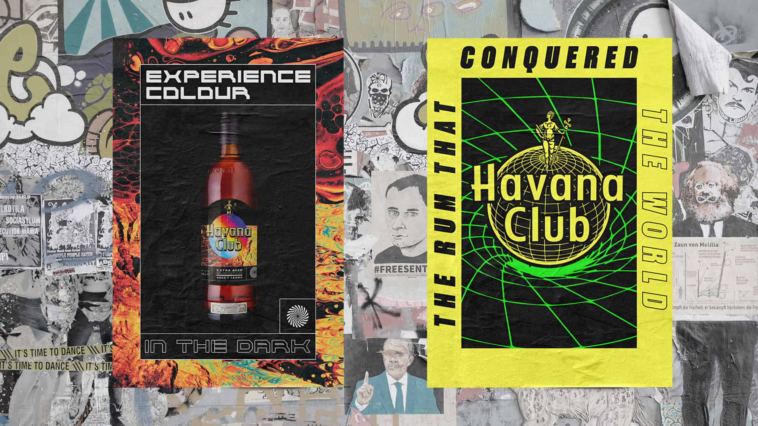 Bottle with Havana Club label on urban wall collage, promotional poster for rum brand, vibrant street art background, nightlife, cocktail, Caribbean spirit, alcohol advertising, colourful graffiti art, marketing visual.