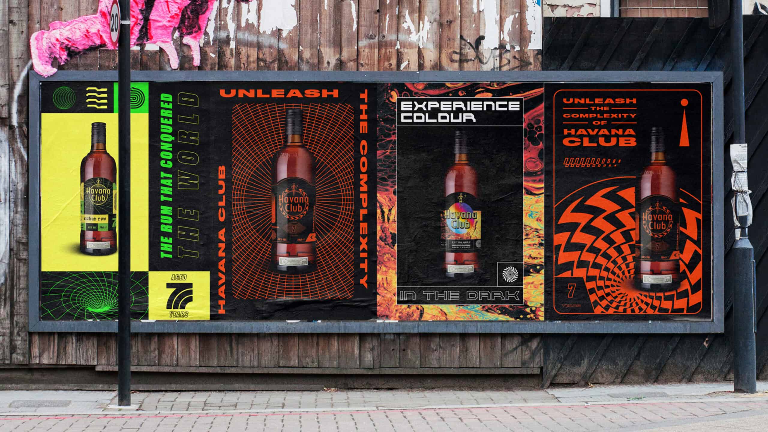 Vibrant artistic promotional poster for Havana Club rum showcasing bold colours, dynamic graphics, and the brand's 70th anniversary theme, emphasizing the complexity, experience, and cultural heritage of Havana Club.