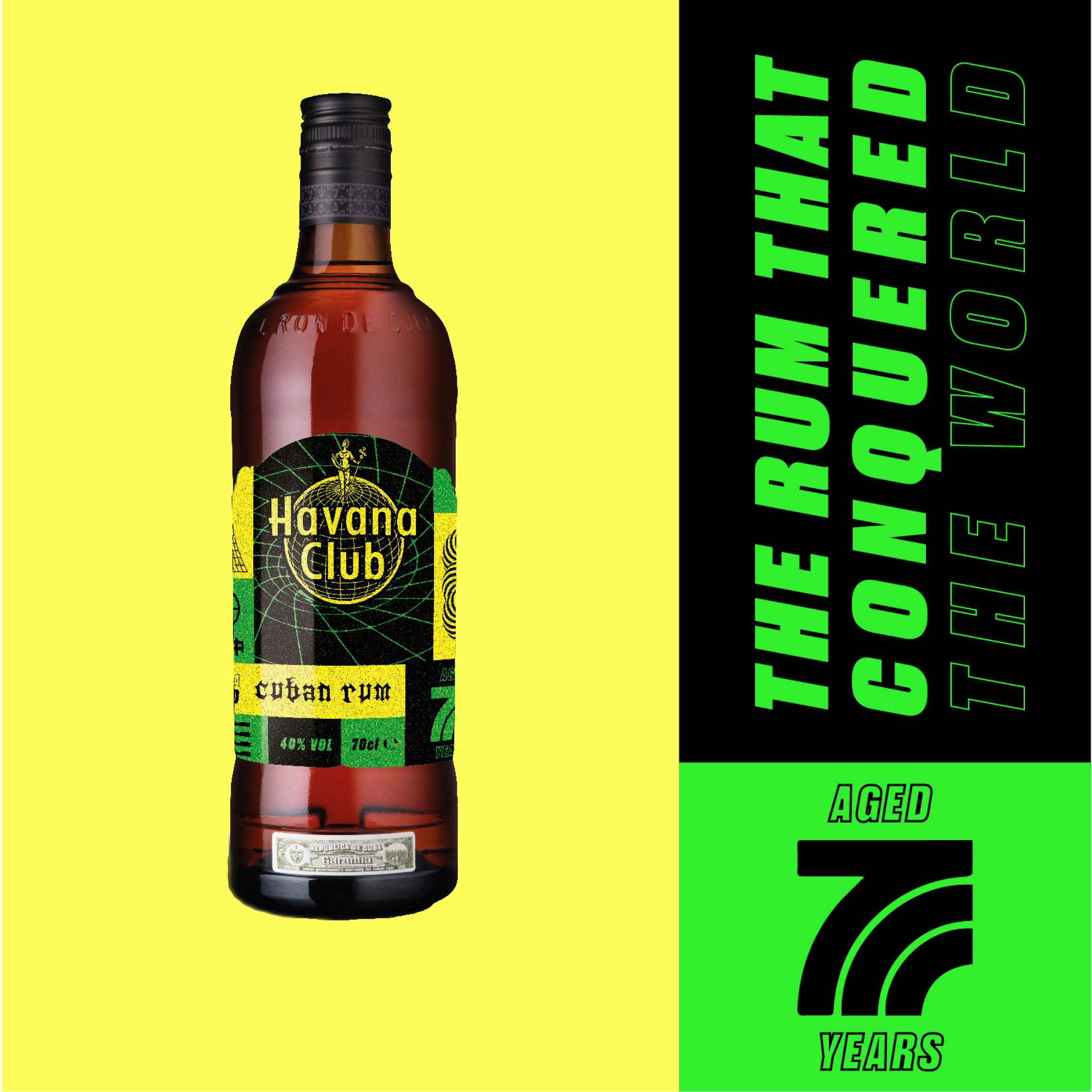 Havana Club Cuban rum bottle with vibrant yellow and black label, highlighting its age and alcohol content, designed for cocktail enthusiasts and rum lovers.