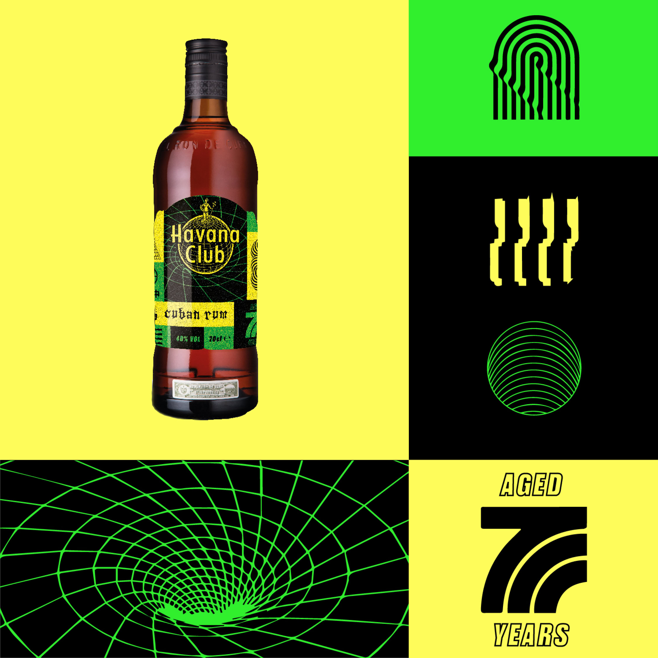 Havana Club Cuban rum bottle with colourful modern label design, set against vibrant yellow and green background with futuristic graphic elements, representing Cuban spirit and artistry.