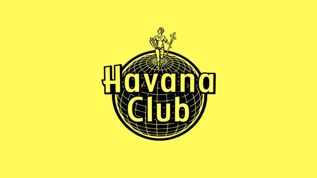 Havana Club logo with a bright yellow background, featuring a globe with a classical figure on top, representing the iconic Cuban rum brand. Perfect for promoting Havana Club's heritage and global influence.
