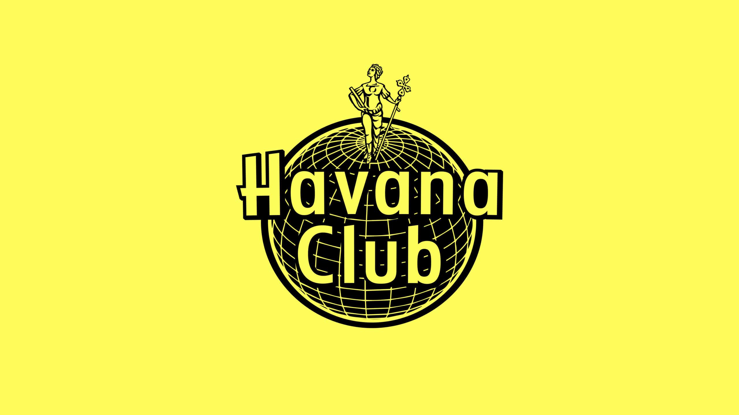 Havana Club logo with a bright yellow background, featuring a globe with a classical figure on top, representing the iconic Cuban rum brand. Perfect for promoting Havana Club's heritage and global influence.