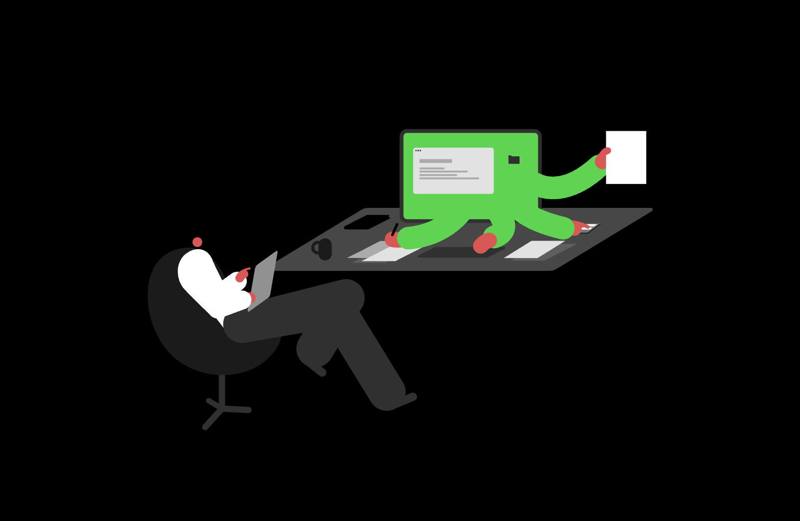 A person relaxes in a chair with a tablet whilst a green, multi-armed computer monitors paperwork and tasks on the desk, reflecting emerging trends in productivity automation and growth marketing for 2025.